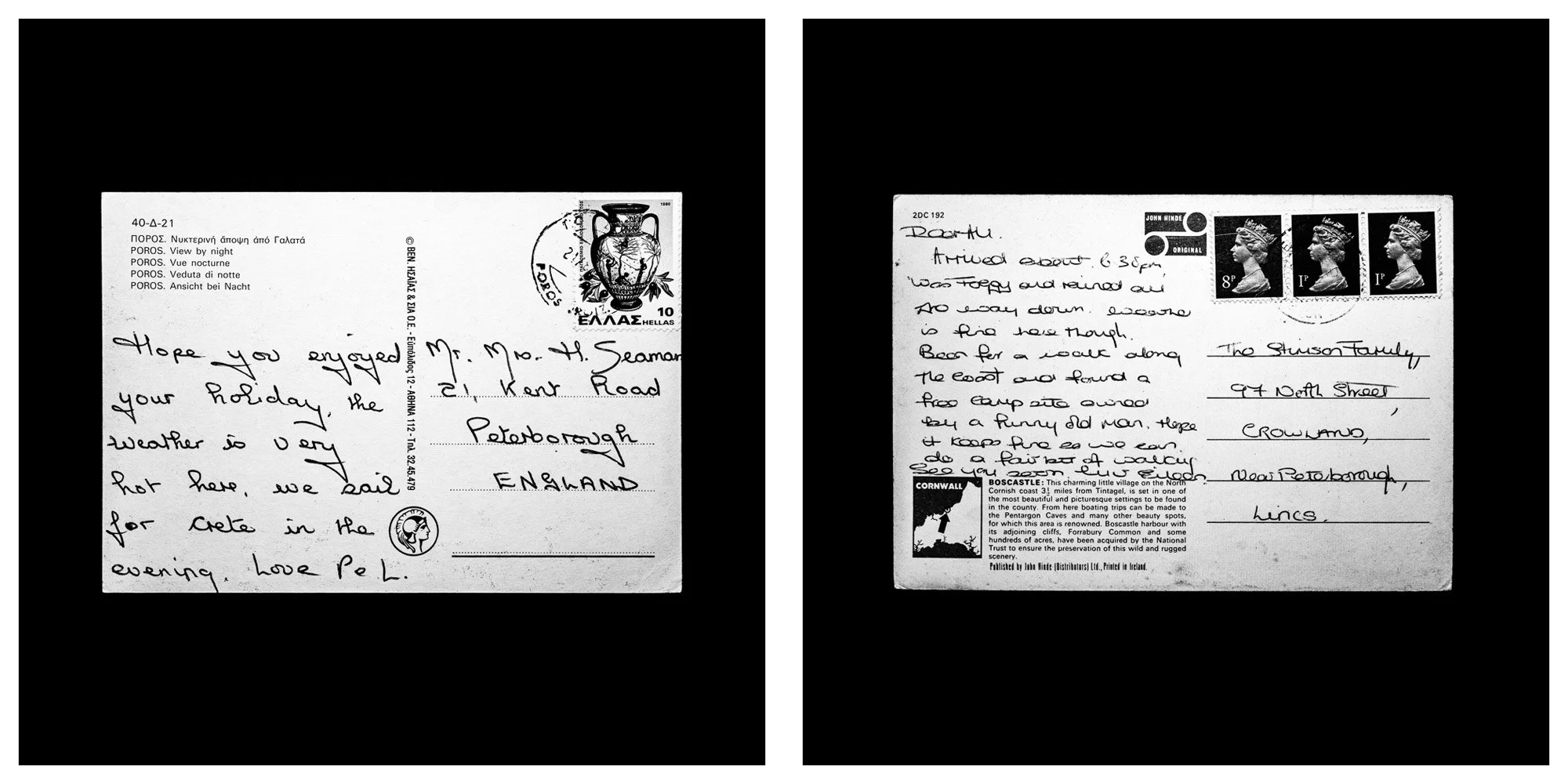 A forensic photographic capture displaying the reverse sides of two historical postcards positioned side-by-side against an absolute black space. Part of a systematic cataloging protocol, the image isolates the artifacts to treat handwriting, postal 