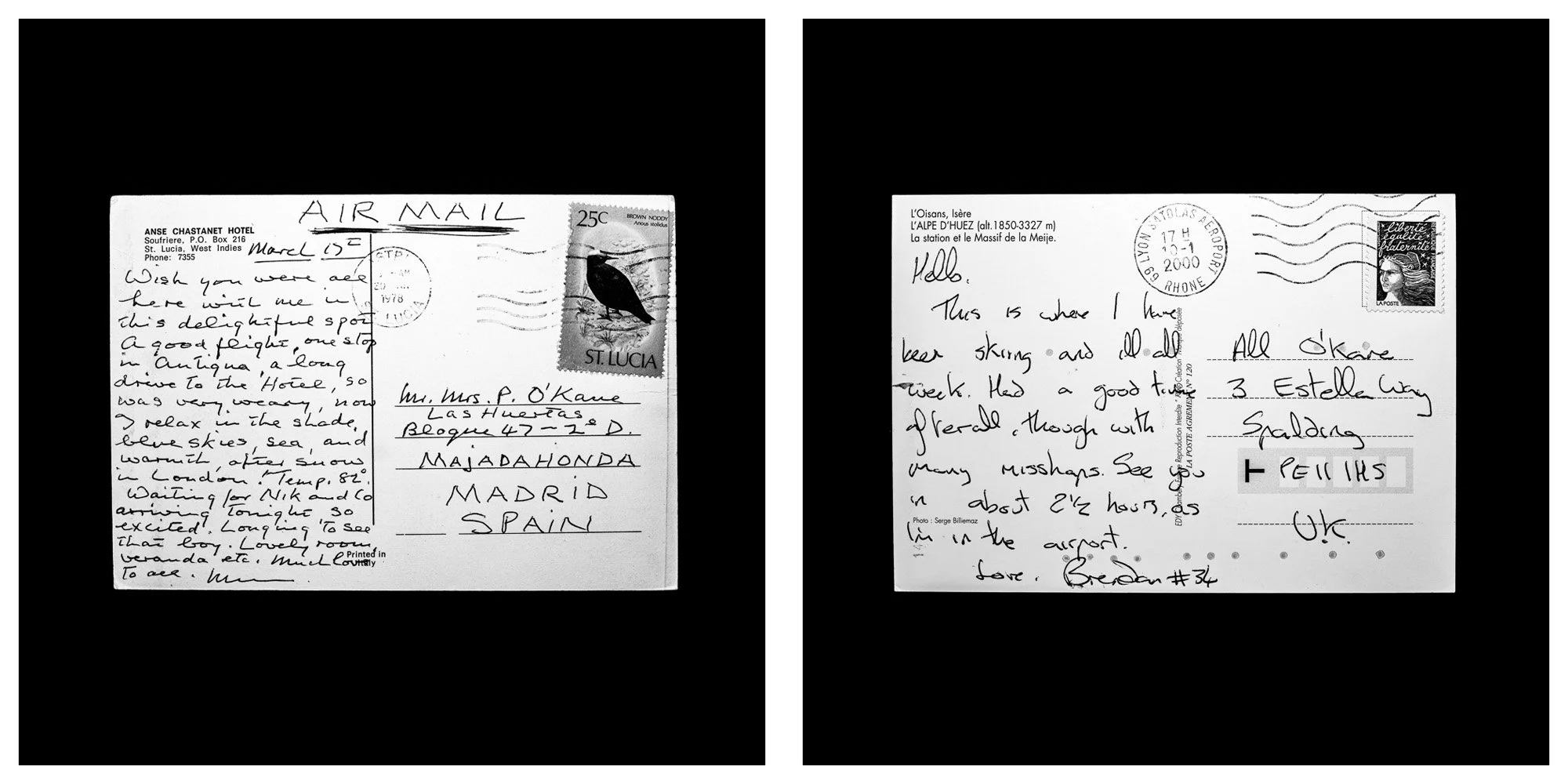 A forensic photographic capture displaying the reverse sides of two historical postcards positioned side-by-side against an absolute black space. Part of a systematic cataloging protocol, the image isolates the artifacts to treat handwriting, postal 