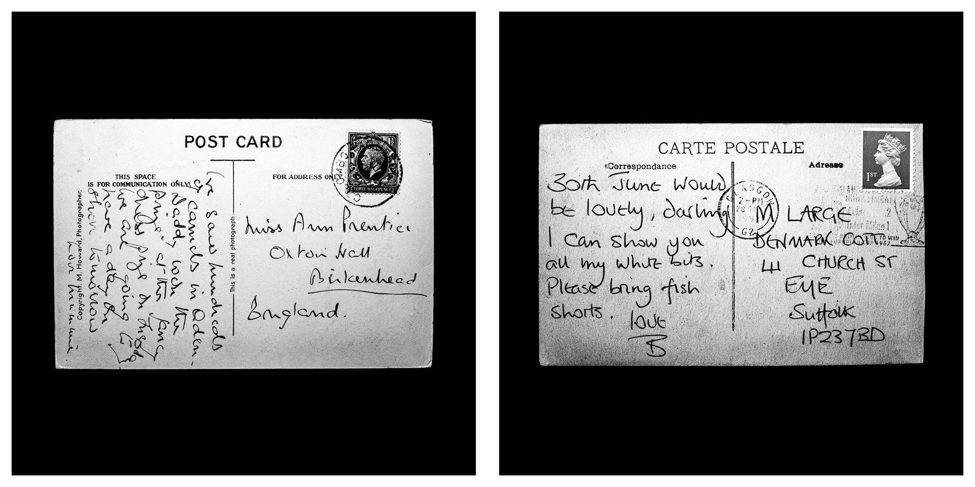 A forensic photographic capture displaying the reverse sides of two historical postcards positioned side-by-side against an absolute black space. Part of a systematic cataloging protocol, the image isolates the artifacts to treat handwriting, postal 