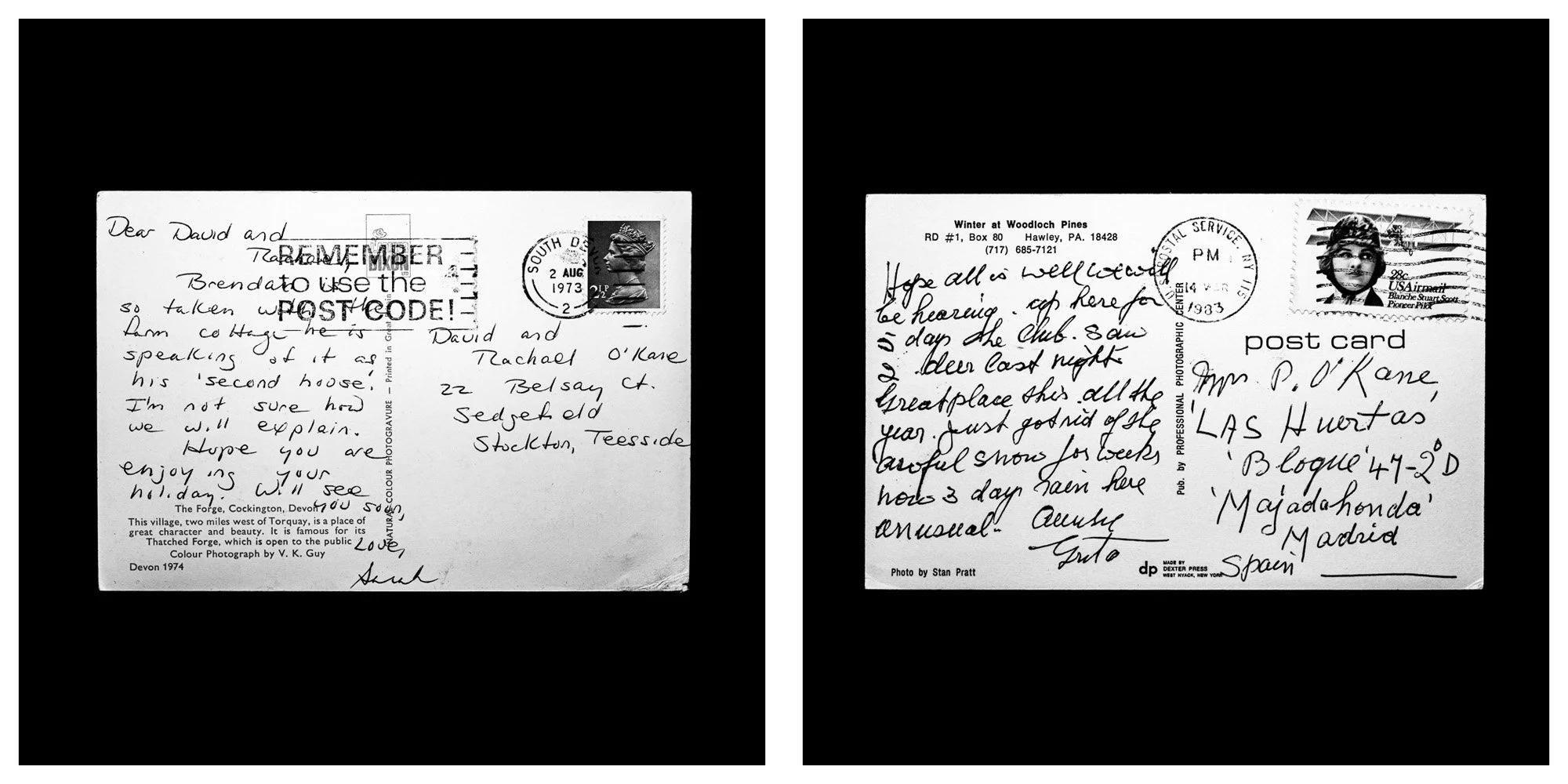 A forensic photographic capture displaying the reverse sides of two historical postcards positioned side-by-side against an absolute black space. Part of a systematic cataloging protocol, the image isolates the artifacts to treat handwriting, postal 
