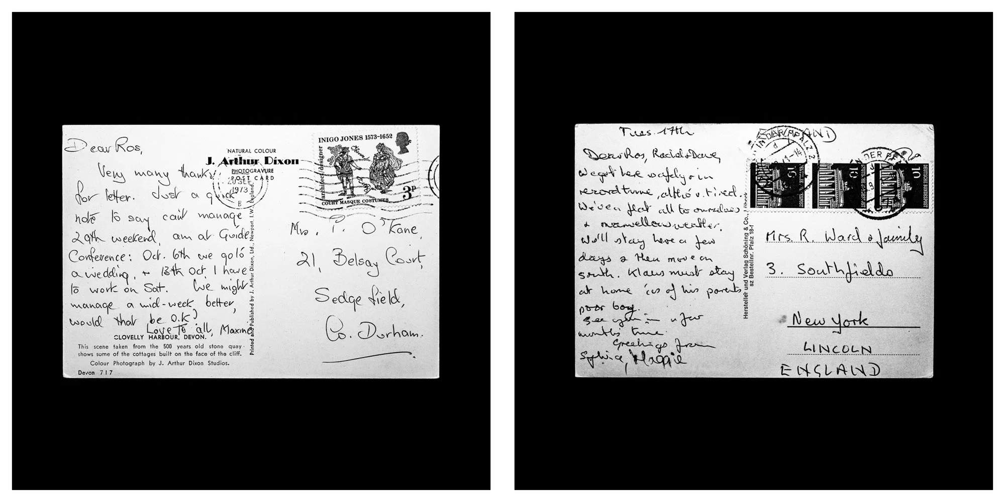 A forensic photographic capture displaying the reverse sides of two historical postcards positioned side-by-side against an absolute black space. Part of a systematic cataloging protocol, the image isolates the artifacts to treat handwriting, postal 