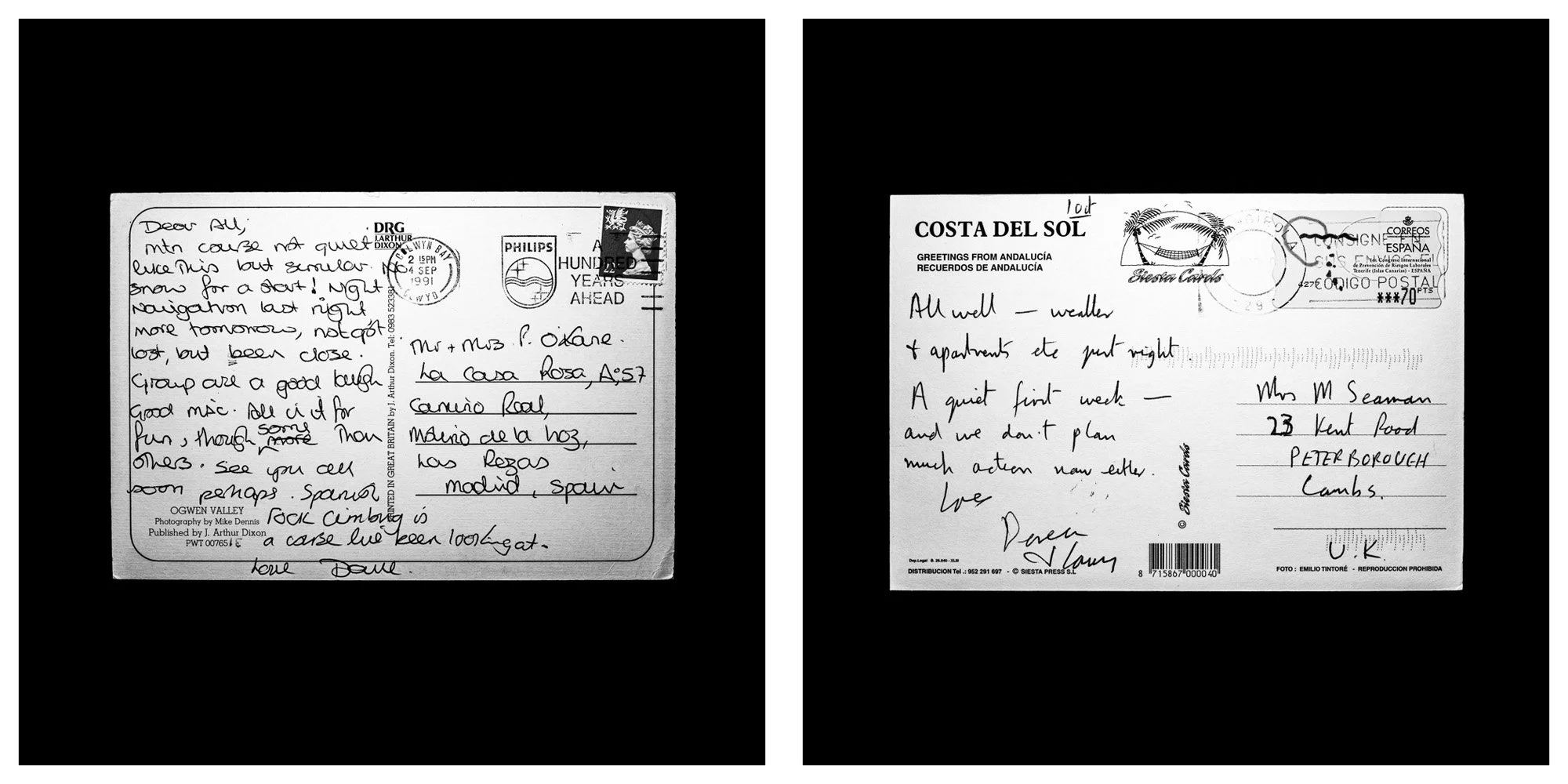 A forensic photographic capture displaying the reverse sides of two historical postcards positioned side-by-side against an absolute black space. Part of a systematic cataloging protocol, the image isolates the artifacts to treat handwriting, postal 