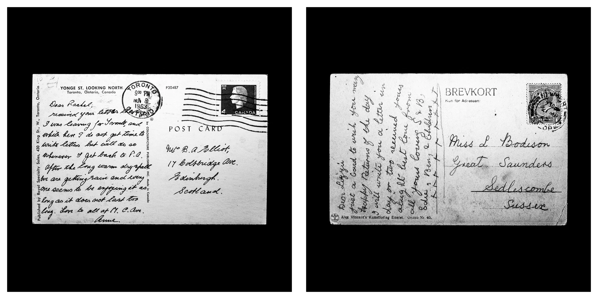 A forensic photographic capture displaying the reverse sides of two historical postcards positioned side-by-side against an absolute black space. Part of a systematic cataloging protocol, the image isolates the artifacts to treat handwriting, postal 