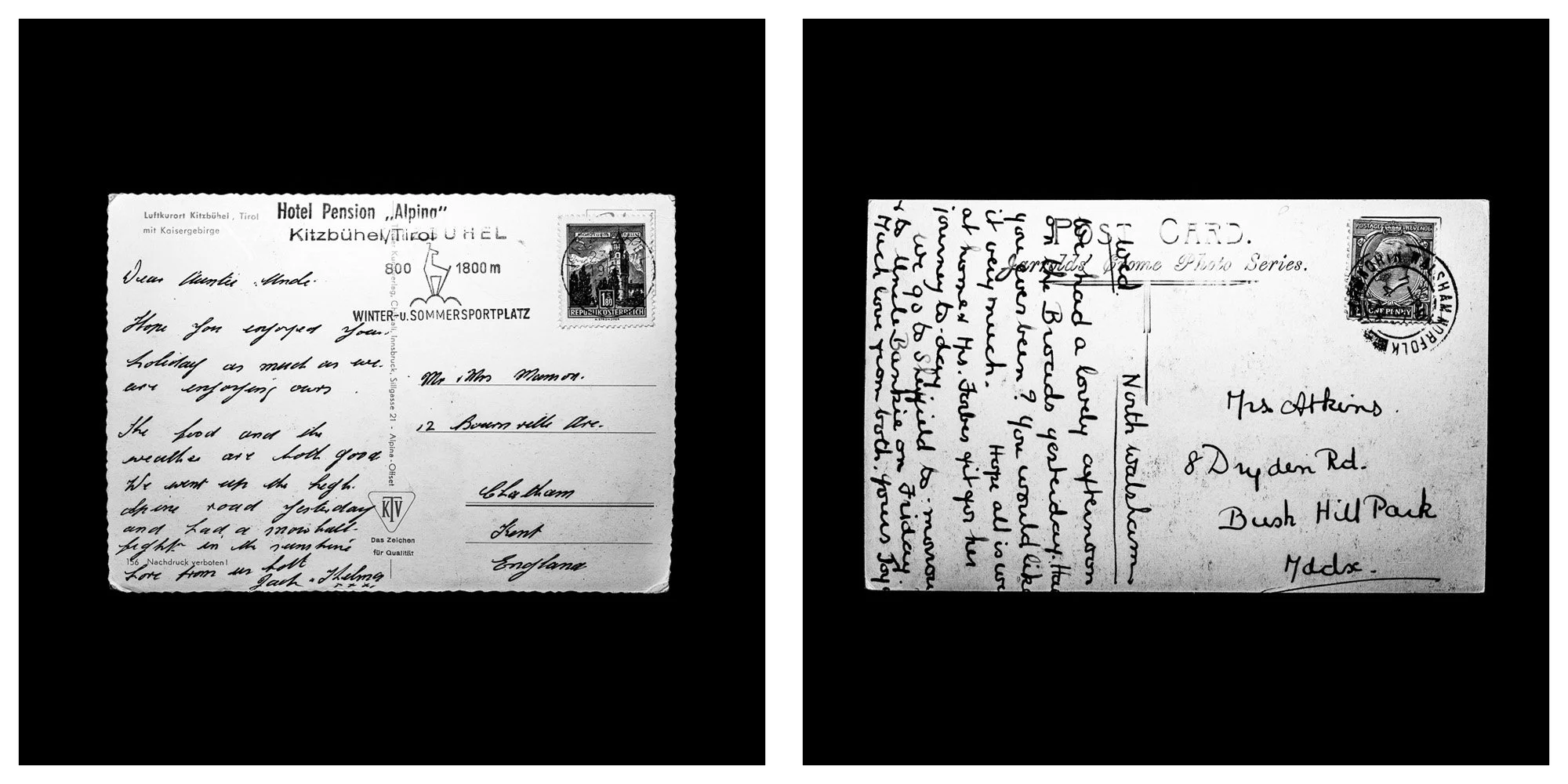 A forensic photographic capture displaying the reverse sides of two historical postcards positioned side-by-side against an absolute black space. Part of a systematic cataloging protocol, the image isolates the artifacts to treat handwriting, postal 