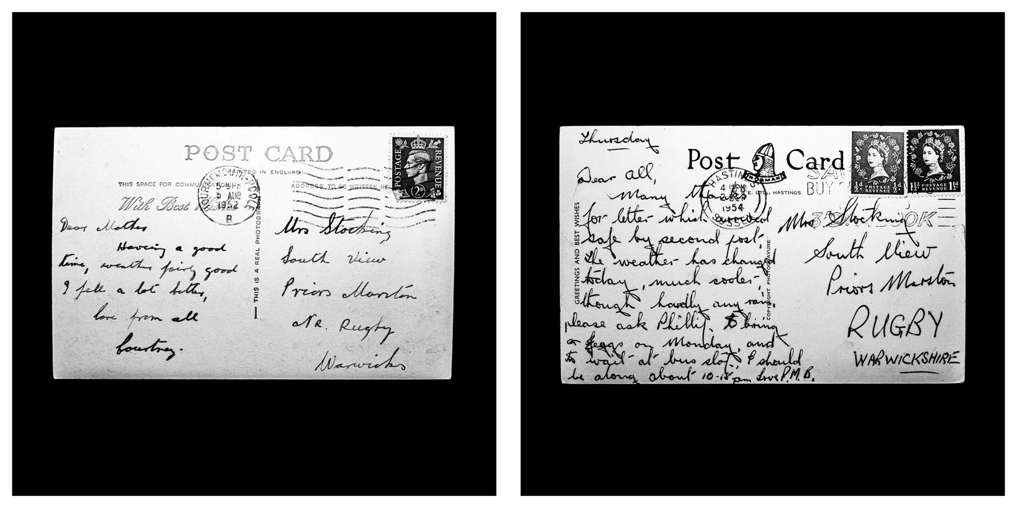 A forensic photographic capture displaying the reverse sides of two historical postcards positioned side-by-side against an absolute black space. Part of a systematic cataloging protocol, the image isolates the artifacts to treat handwriting, postal 