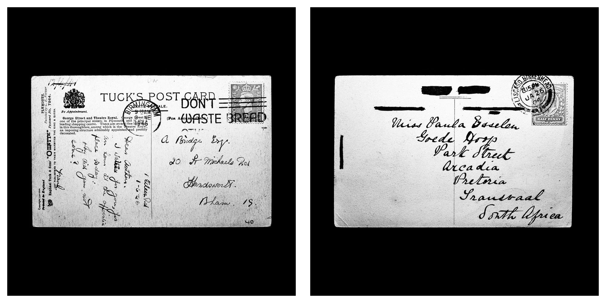 A forensic photographic capture displaying the reverse sides of two historical postcards positioned side-by-side against an absolute black space. Part of a systematic cataloging protocol, the image isolates the artifacts to treat handwriting, postal 