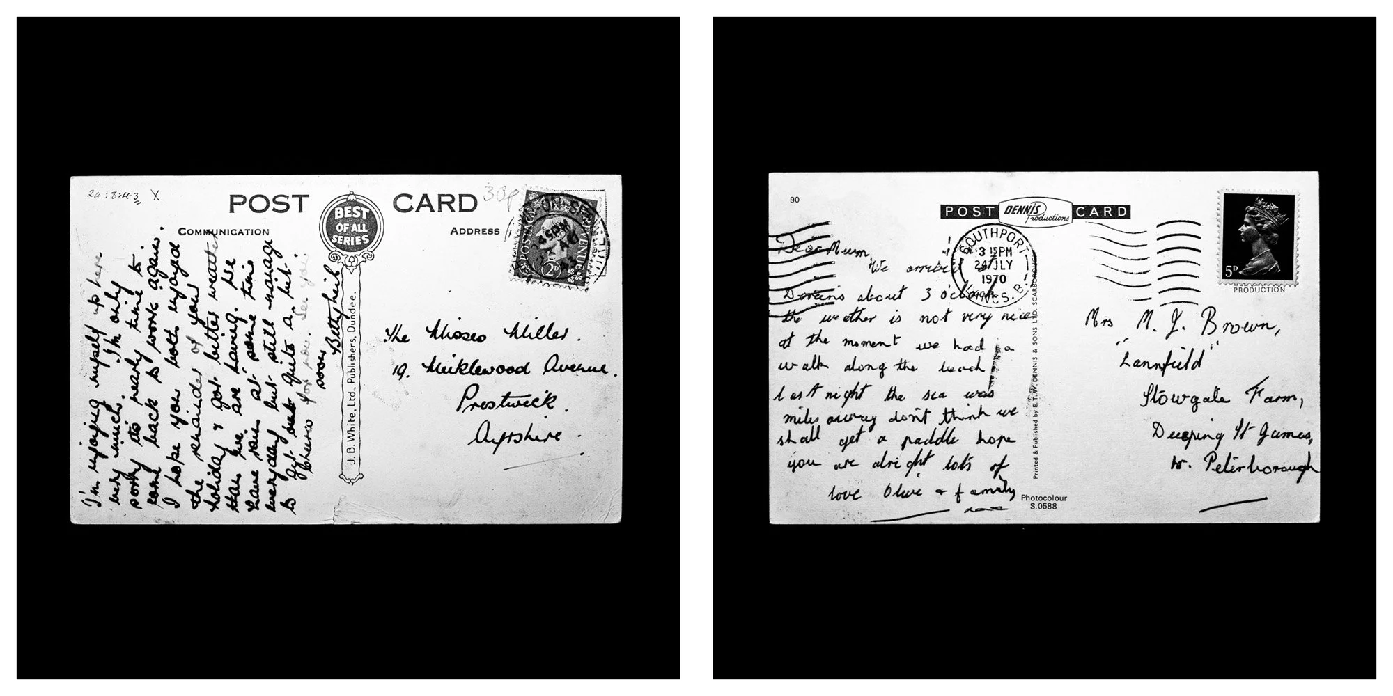 A forensic photographic capture displaying the reverse sides of two historical postcards positioned side-by-side against an absolute black space. Part of a systematic cataloging protocol, the image isolates the artifacts to treat handwriting, postal 