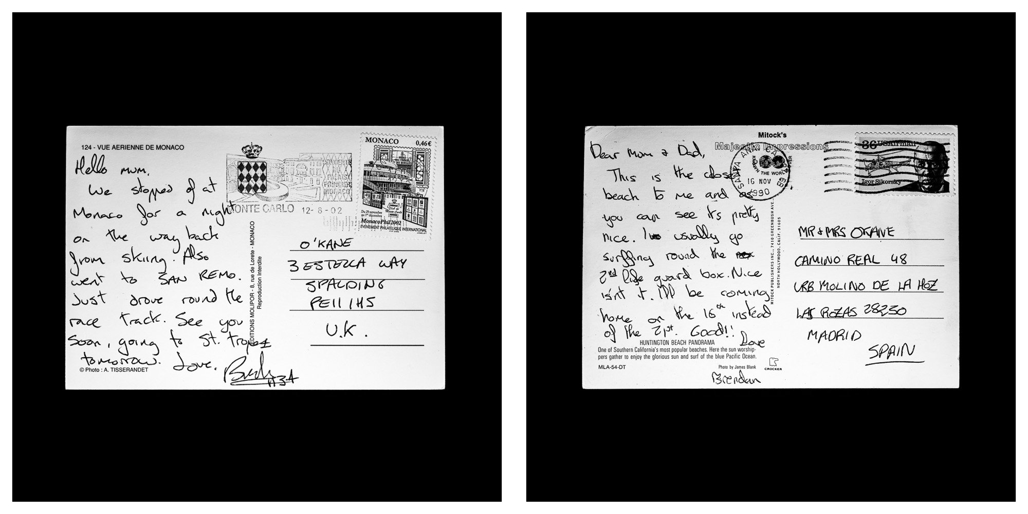 A forensic photographic capture displaying the reverse sides of two historical postcards positioned side-by-side against an absolute black space. Part of a systematic cataloging protocol, the image isolates the artifacts to treat handwriting, postal 
