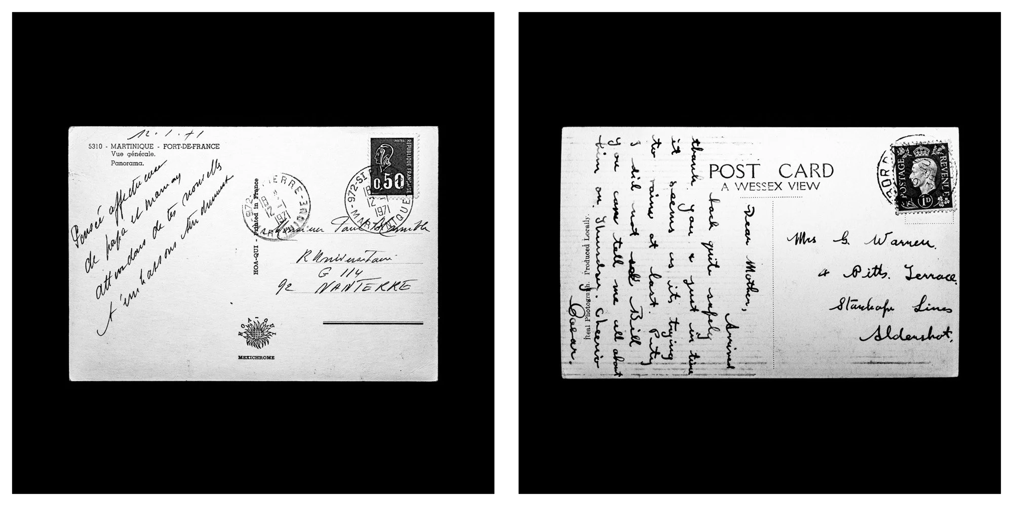 A forensic photographic capture displaying the reverse sides of two historical postcards positioned side-by-side against an absolute black space. Part of a systematic cataloging protocol, the image isolates the artifacts to treat handwriting, postal 