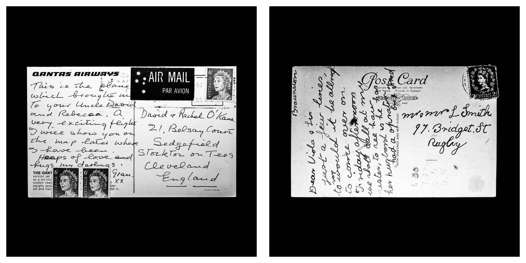 A forensic photographic capture displaying the reverse sides of two historical postcards positioned side-by-side against an absolute black space. Part of a systematic cataloging protocol, the image isolates the artifacts to treat handwriting, postal 
