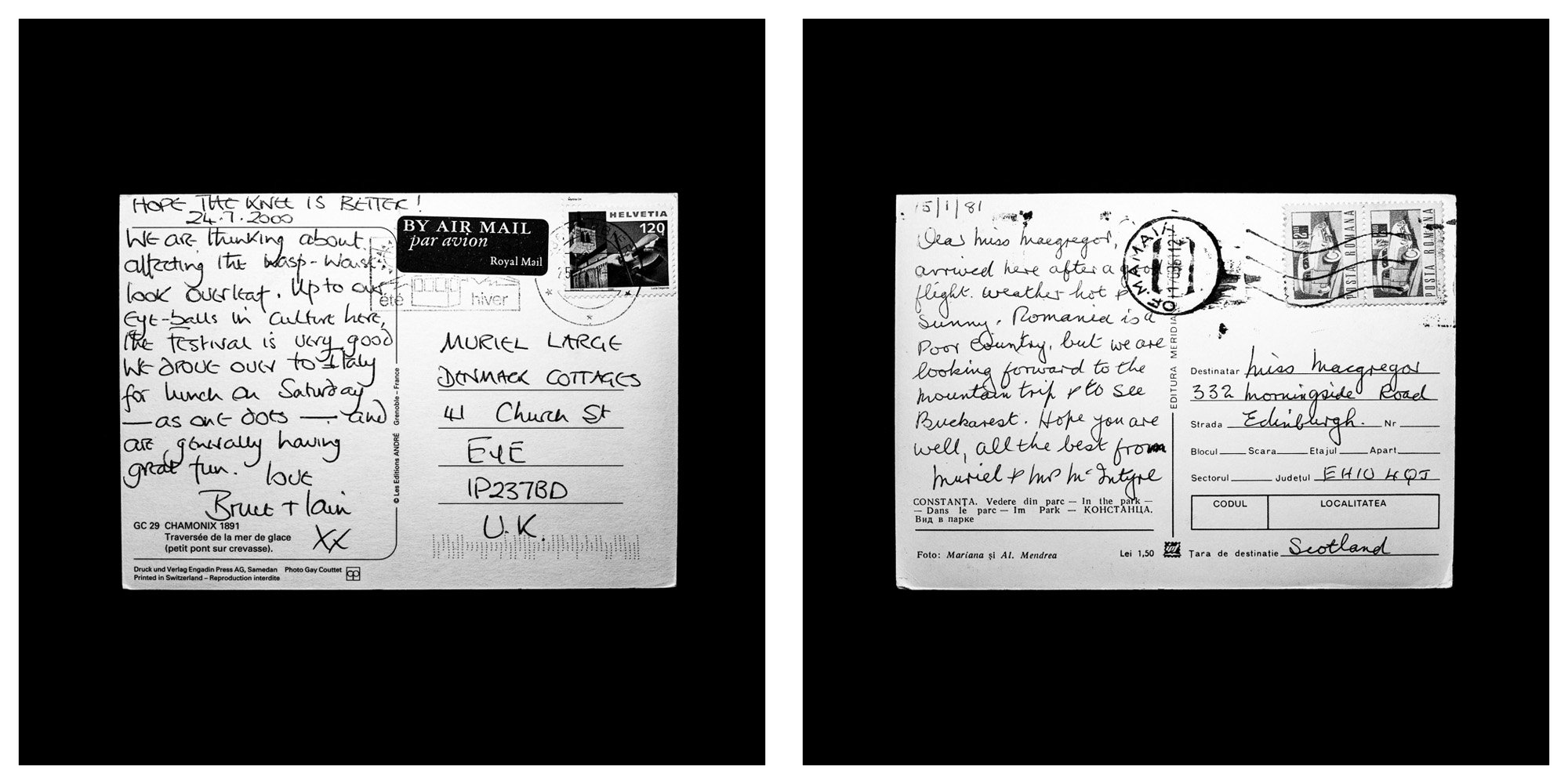 A forensic photographic capture displaying the reverse sides of two historical postcards positioned side-by-side against an absolute black space. Part of a systematic cataloging protocol, the image isolates the artifacts to treat handwriting, postal 
