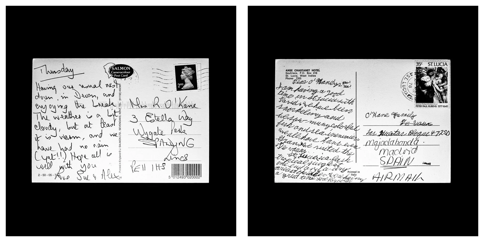A forensic photographic capture displaying the reverse sides of two historical postcards positioned side-by-side against an absolute black space. Part of a systematic cataloging protocol, the image isolates the artifacts to treat handwriting, postal 