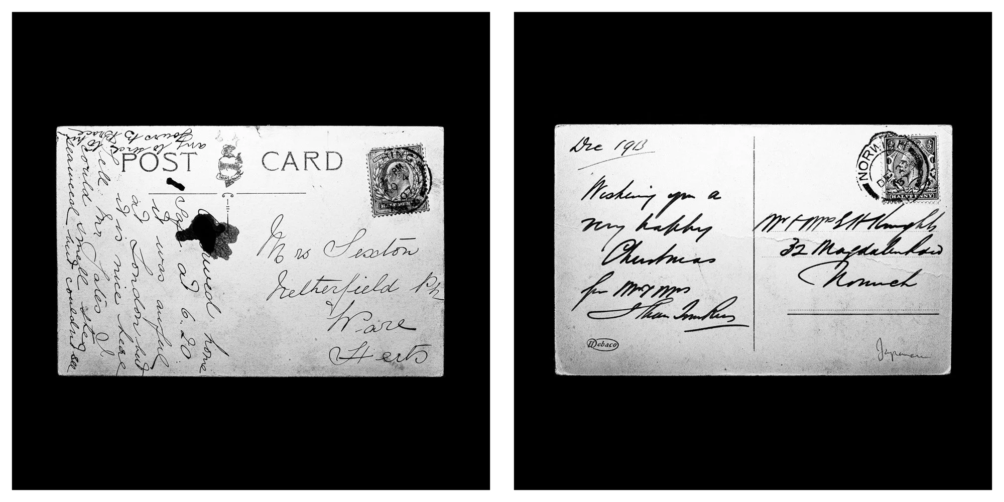 A forensic photographic capture displaying the reverse sides of two historical postcards positioned side-by-side against an absolute black space. Part of a systematic cataloging protocol, the image isolates the artifacts to treat handwriting, postal 