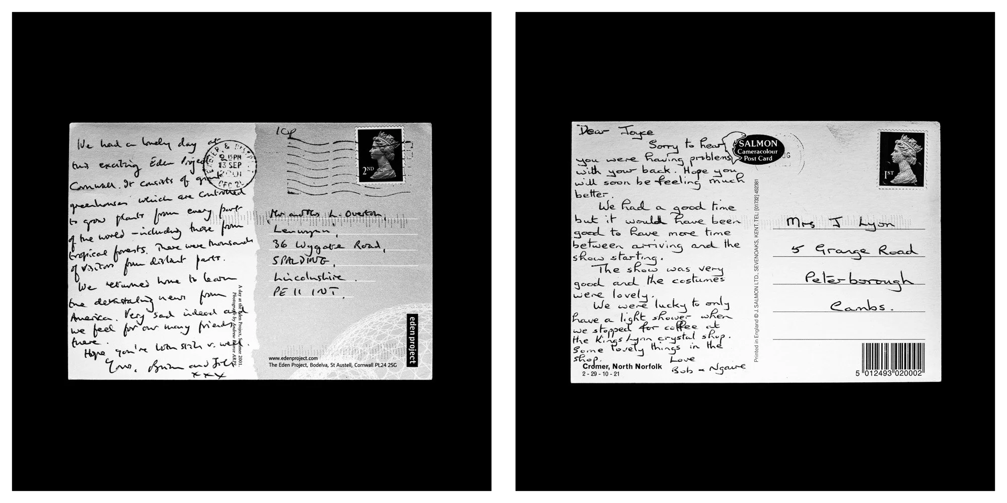 A forensic photographic capture displaying the reverse sides of two historical postcards positioned side-by-side against an absolute black space. Part of a systematic cataloging protocol, the image isolates the artifacts to treat handwriting, postal 