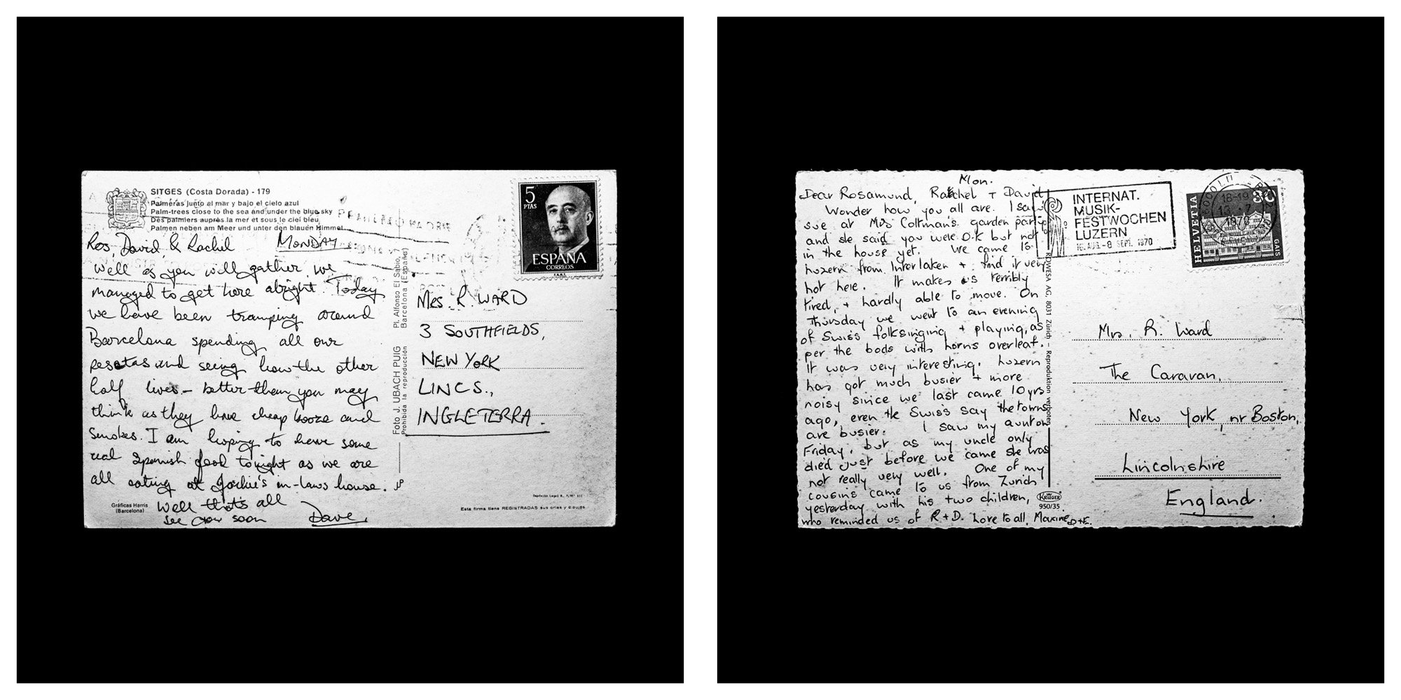 A forensic photographic capture displaying the reverse sides of two historical postcards positioned side-by-side against an absolute black space. Part of a systematic cataloging protocol, the image isolates the artifacts to treat handwriting, postal 