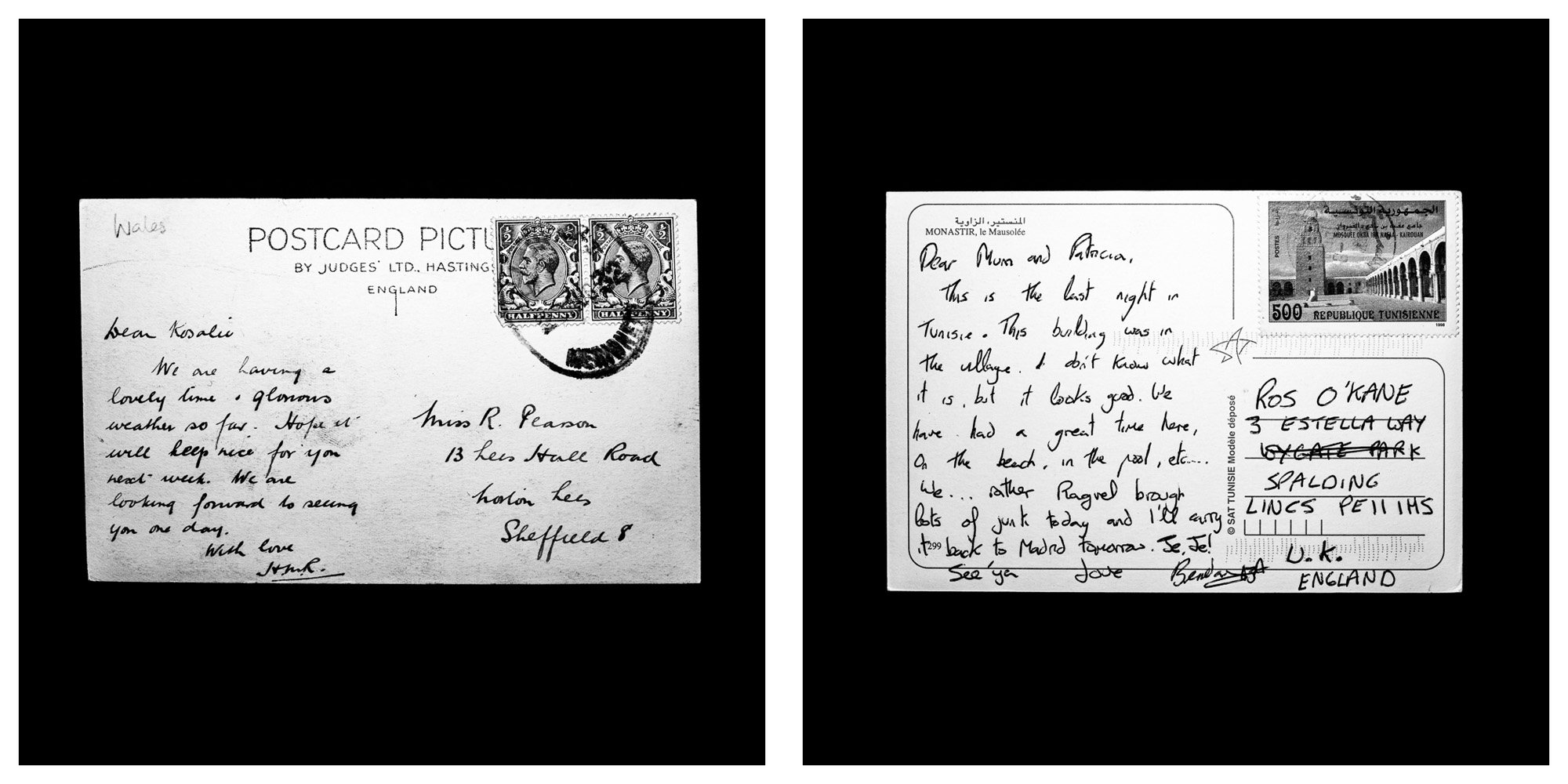 A forensic photographic capture displaying the reverse sides of two historical postcards positioned side-by-side against an absolute black space. Part of a systematic cataloging protocol, the image isolates the artifacts to treat handwriting, postal 