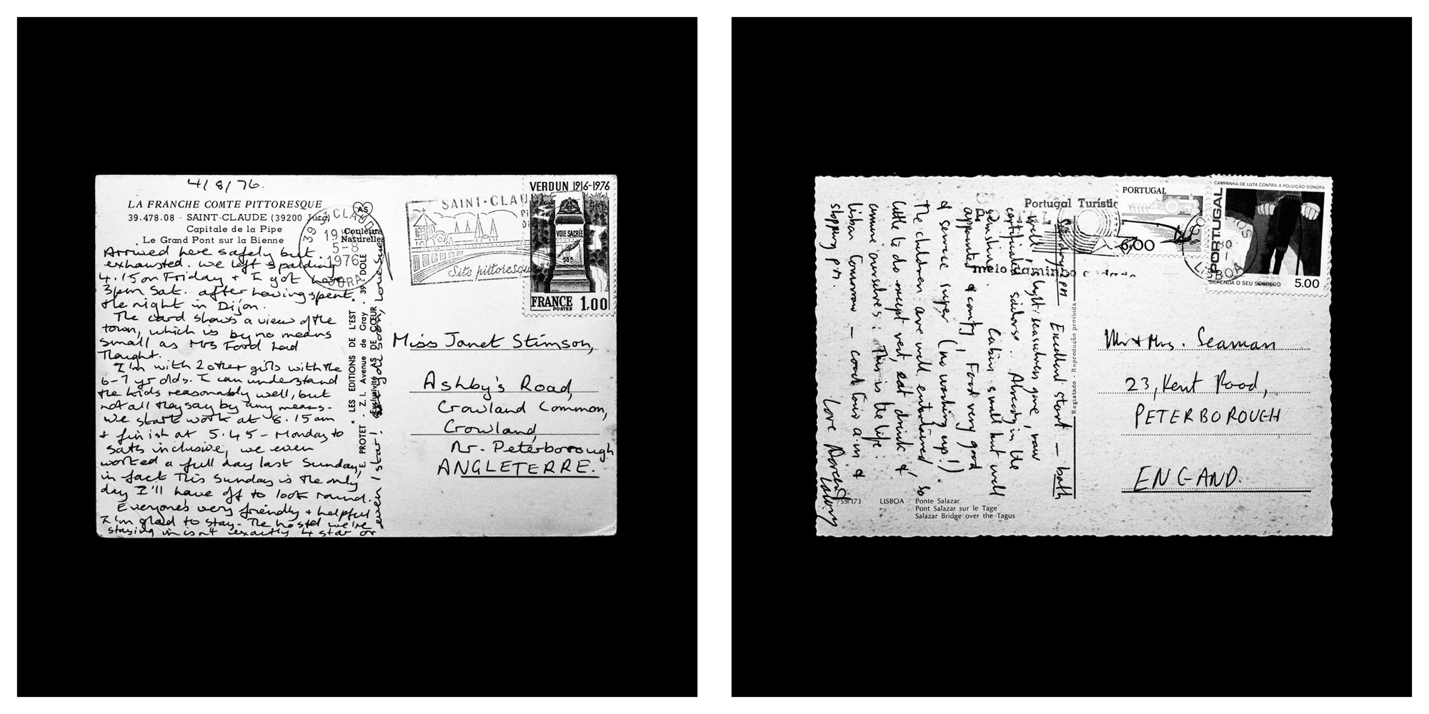 A forensic photographic capture displaying the reverse sides of two historical postcards positioned side-by-side against an absolute black space. Part of a systematic cataloging protocol, the image isolates the artifacts to treat handwriting, postal 