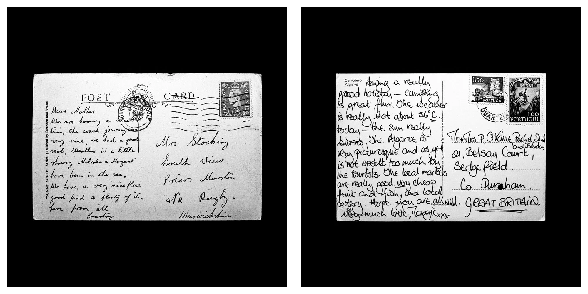 A forensic photographic capture displaying the reverse sides of two historical postcards positioned side-by-side against an absolute black space. Part of a systematic cataloging protocol, the image isolates the artifacts to treat handwriting, postal 