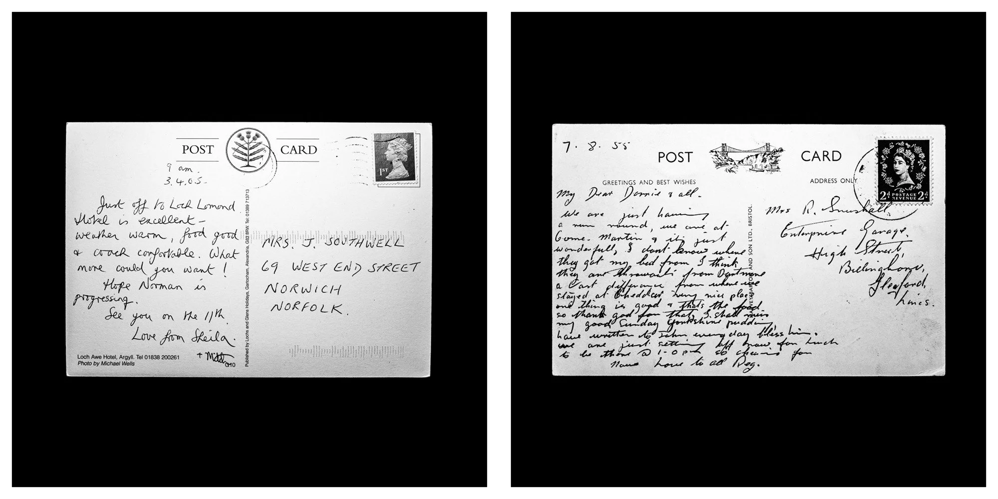 A forensic photographic capture displaying the reverse sides of two historical postcards positioned side-by-side against an absolute black space. Part of a systematic cataloging protocol, the image isolates the artifacts to treat handwriting, postal 