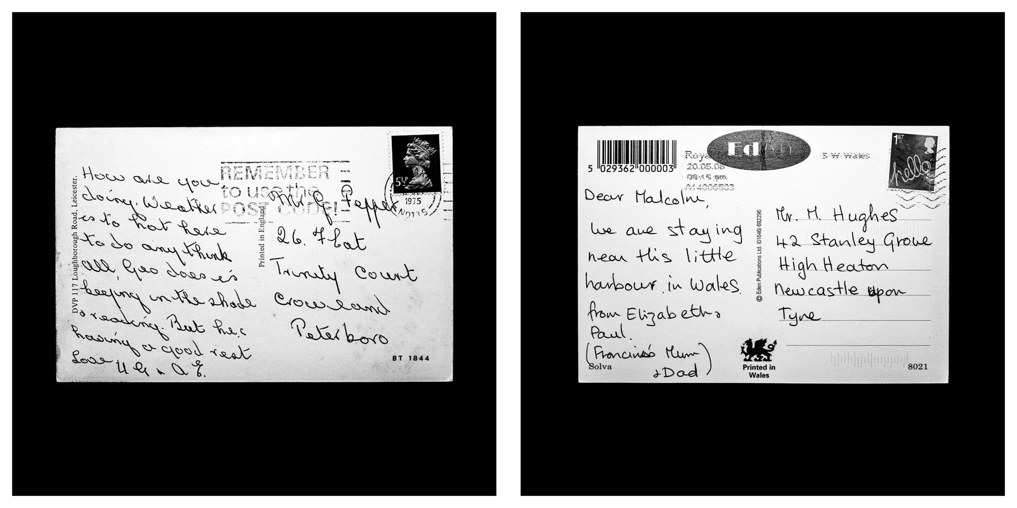 A forensic photographic capture displaying the reverse sides of two historical postcards positioned side-by-side against an absolute black space. Part of a systematic cataloging protocol, the image isolates the artifacts to treat handwriting, postal 