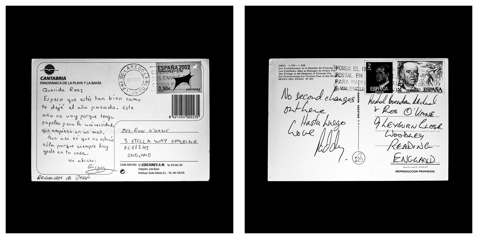 A forensic photographic capture displaying the reverse sides of two historical postcards positioned side-by-side against an absolute black space. Part of a systematic cataloging protocol, the image isolates the artifacts to treat handwriting, postal 