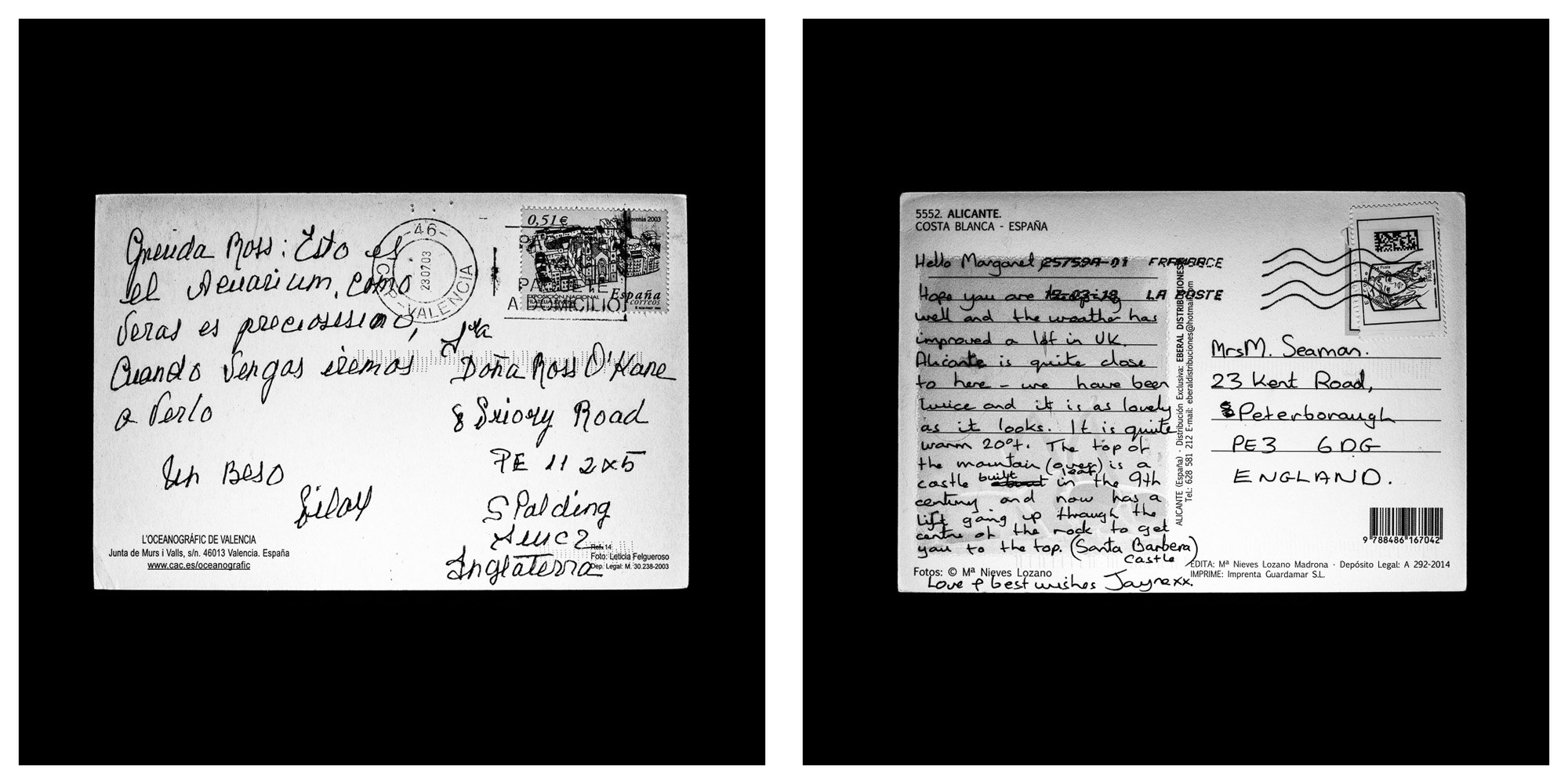 A forensic photographic capture displaying the reverse sides of two historical postcards positioned side-by-side against an absolute black space. Part of a systematic cataloging protocol, the image isolates the artifacts to treat handwriting, postal 