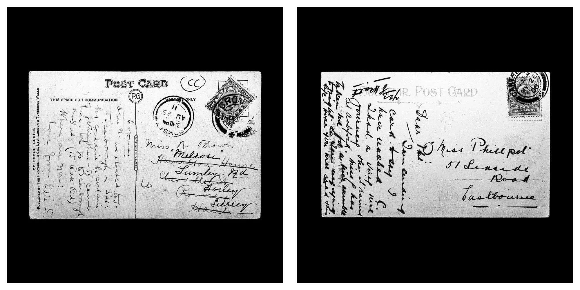 A forensic photographic capture displaying the reverse sides of two historical postcards positioned side-by-side against an absolute black space. Part of a systematic cataloging protocol, the image isolates the artifacts to treat handwriting, postal 