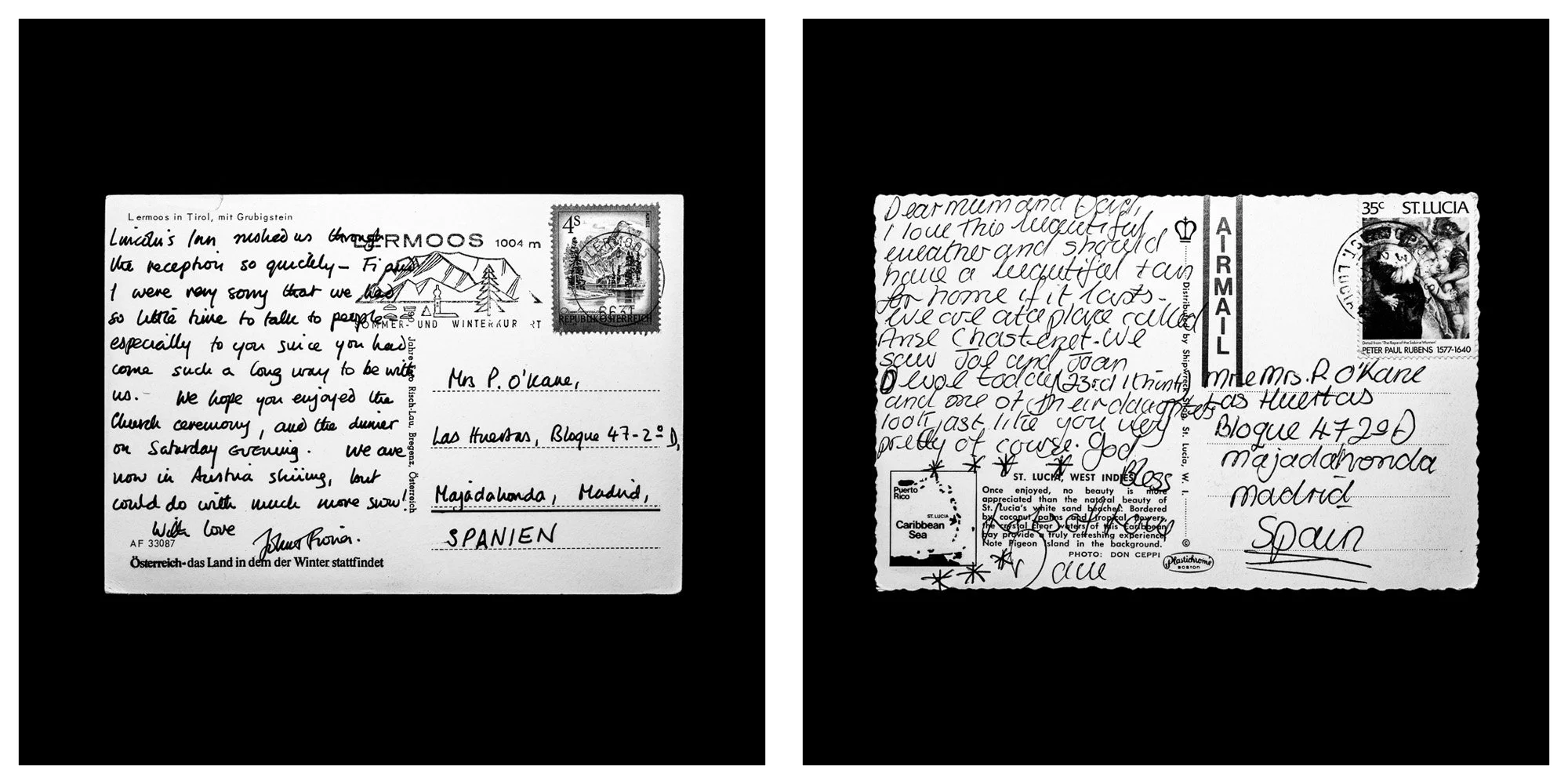A forensic photographic capture displaying the reverse sides of two historical postcards positioned side-by-side against an absolute black space. Part of a systematic cataloging protocol, the image isolates the artifacts to treat handwriting, postal 