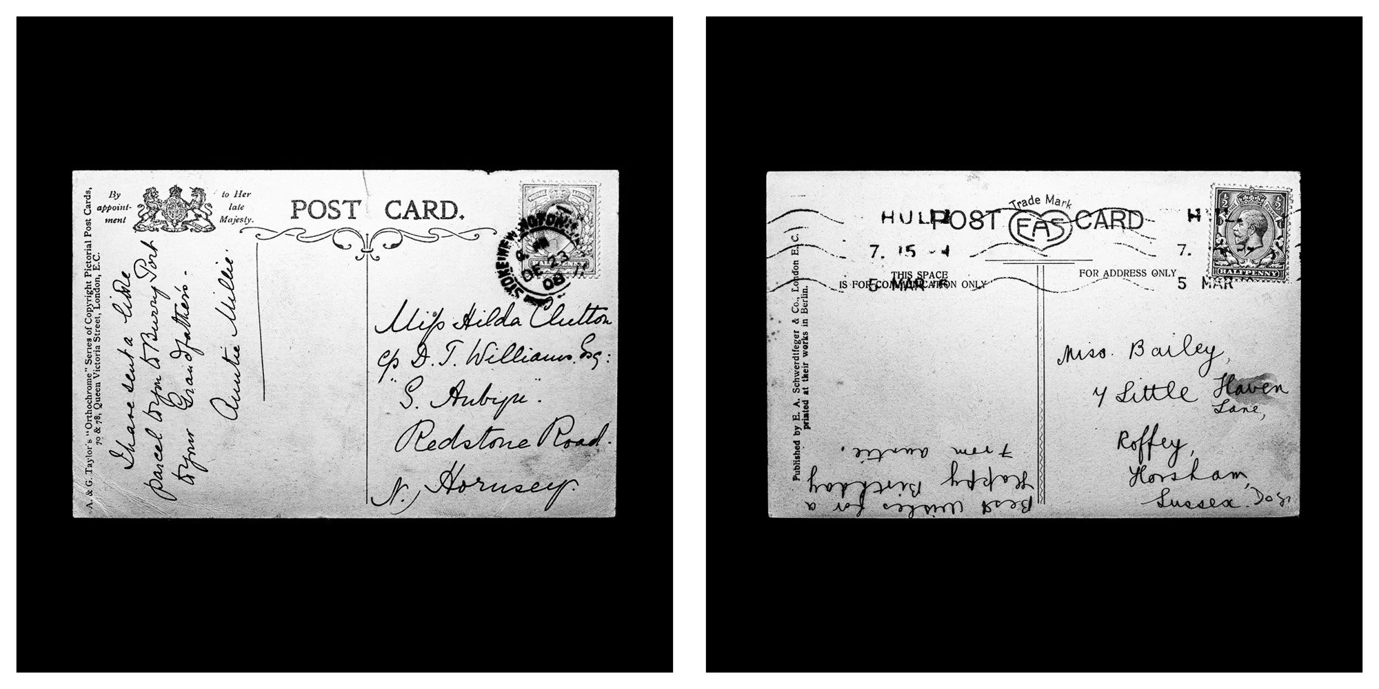A forensic photographic capture displaying the reverse sides of two historical postcards positioned side-by-side against an absolute black space. Part of a systematic cataloging protocol, the image isolates the artifacts to treat handwriting, postal 