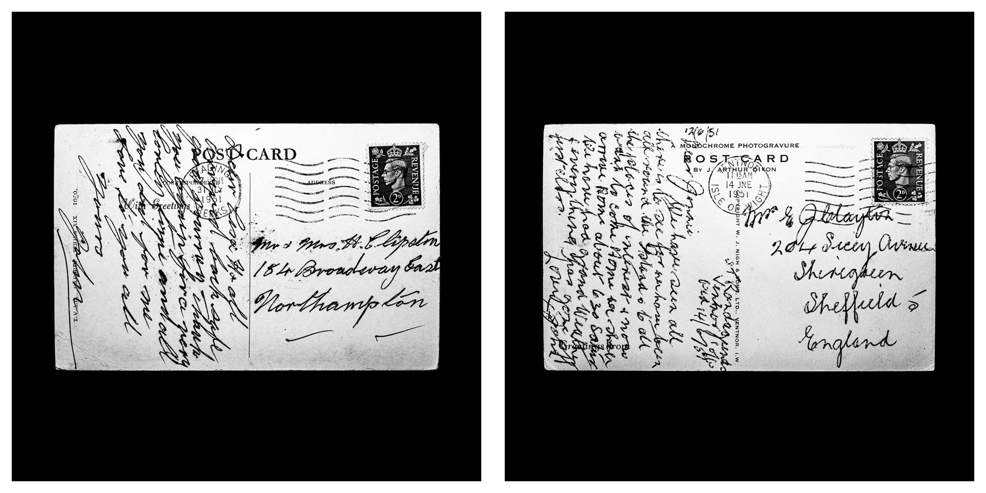 A forensic photographic capture displaying the reverse sides of two historical postcards positioned side-by-side against an absolute black space. Part of a systematic cataloging protocol, the image isolates the artifacts to treat handwriting, postal 