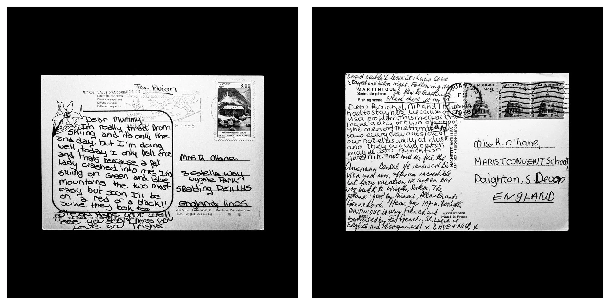 A forensic photographic capture displaying the reverse sides of two historical postcards positioned side-by-side against an absolute black space. Part of a systematic cataloging protocol, the image isolates the artifacts to treat handwriting, postal 