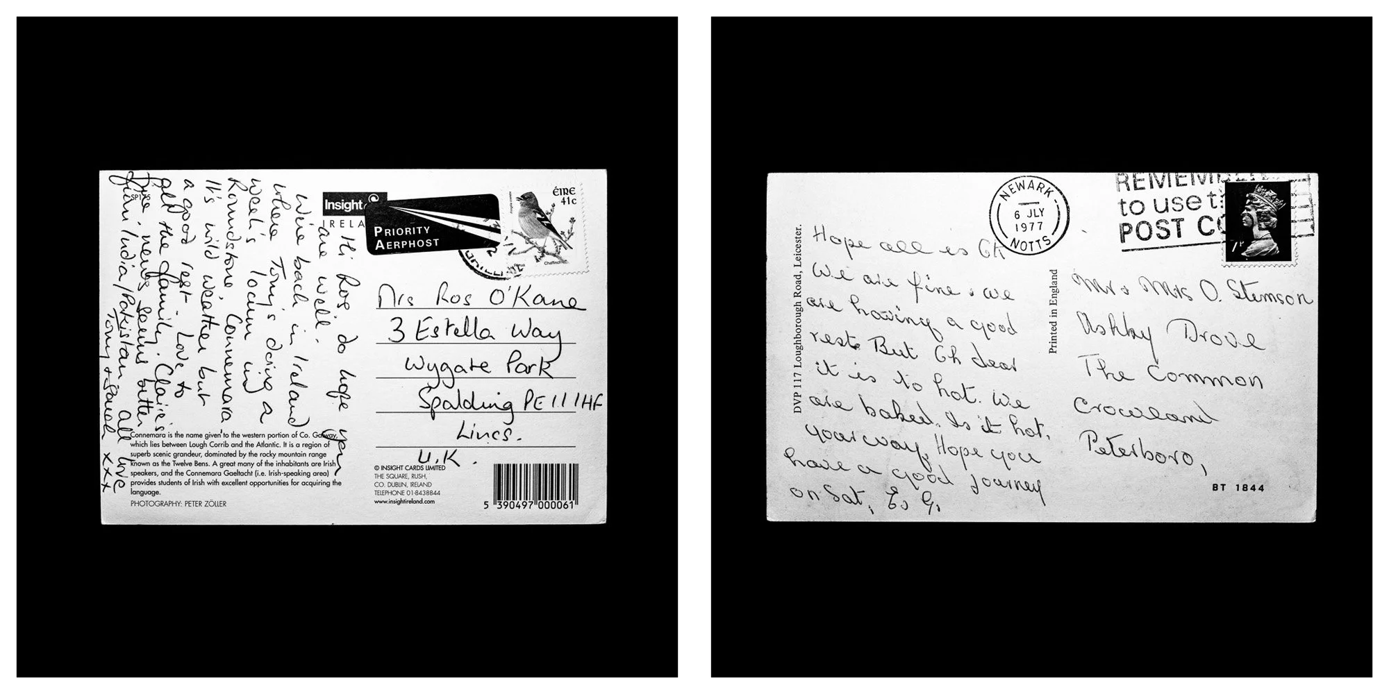 A forensic photographic capture displaying the reverse sides of two historical postcards positioned side-by-side against an absolute black space. Part of a systematic cataloging protocol, the image isolates the artifacts to treat handwriting, postal 