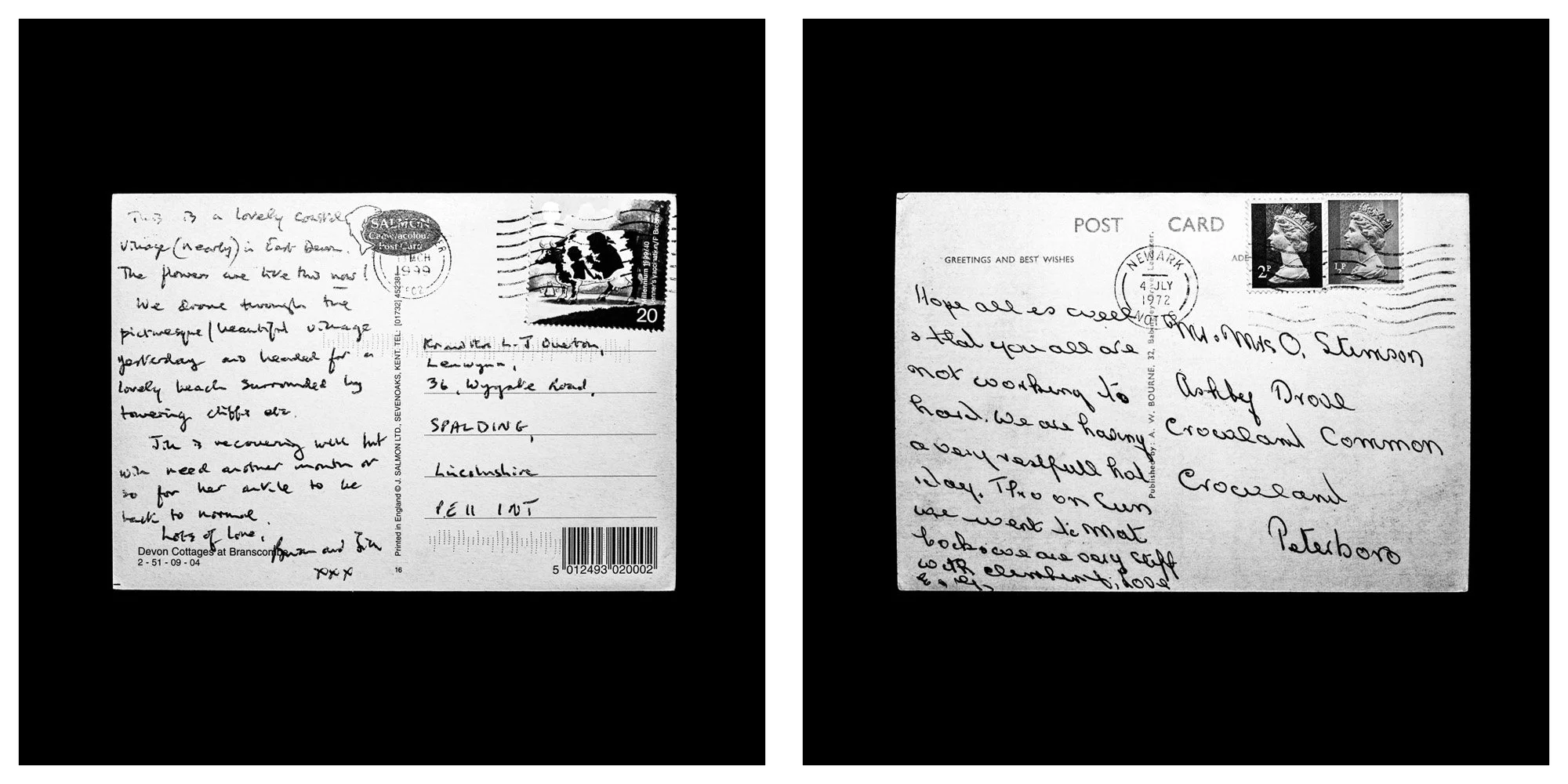 A forensic photographic capture displaying the reverse sides of two historical postcards positioned side-by-side against an absolute black space. Part of a systematic cataloging protocol, the image isolates the artifacts to treat handwriting, postal 