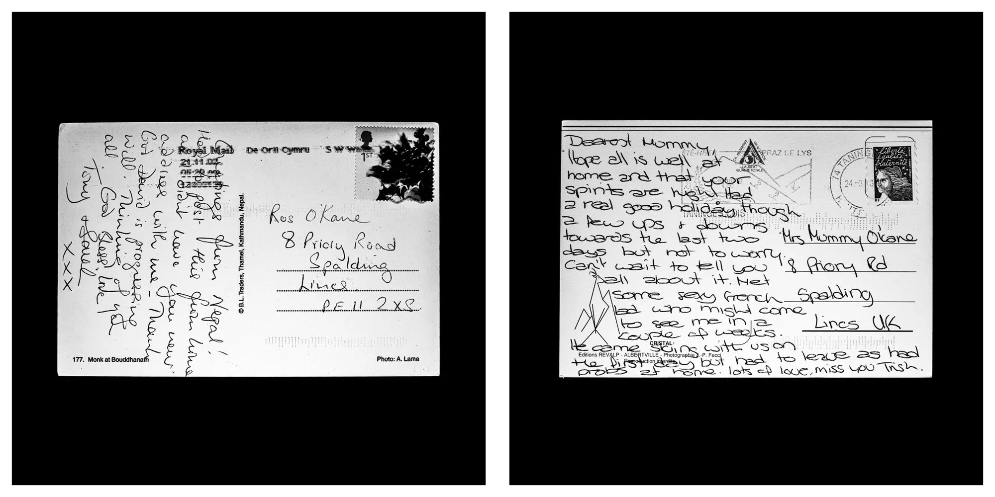 A forensic photographic capture displaying the reverse sides of two historical postcards positioned side-by-side against an absolute black space. Part of a systematic cataloging protocol, the image isolates the artifacts to treat handwriting, postal 