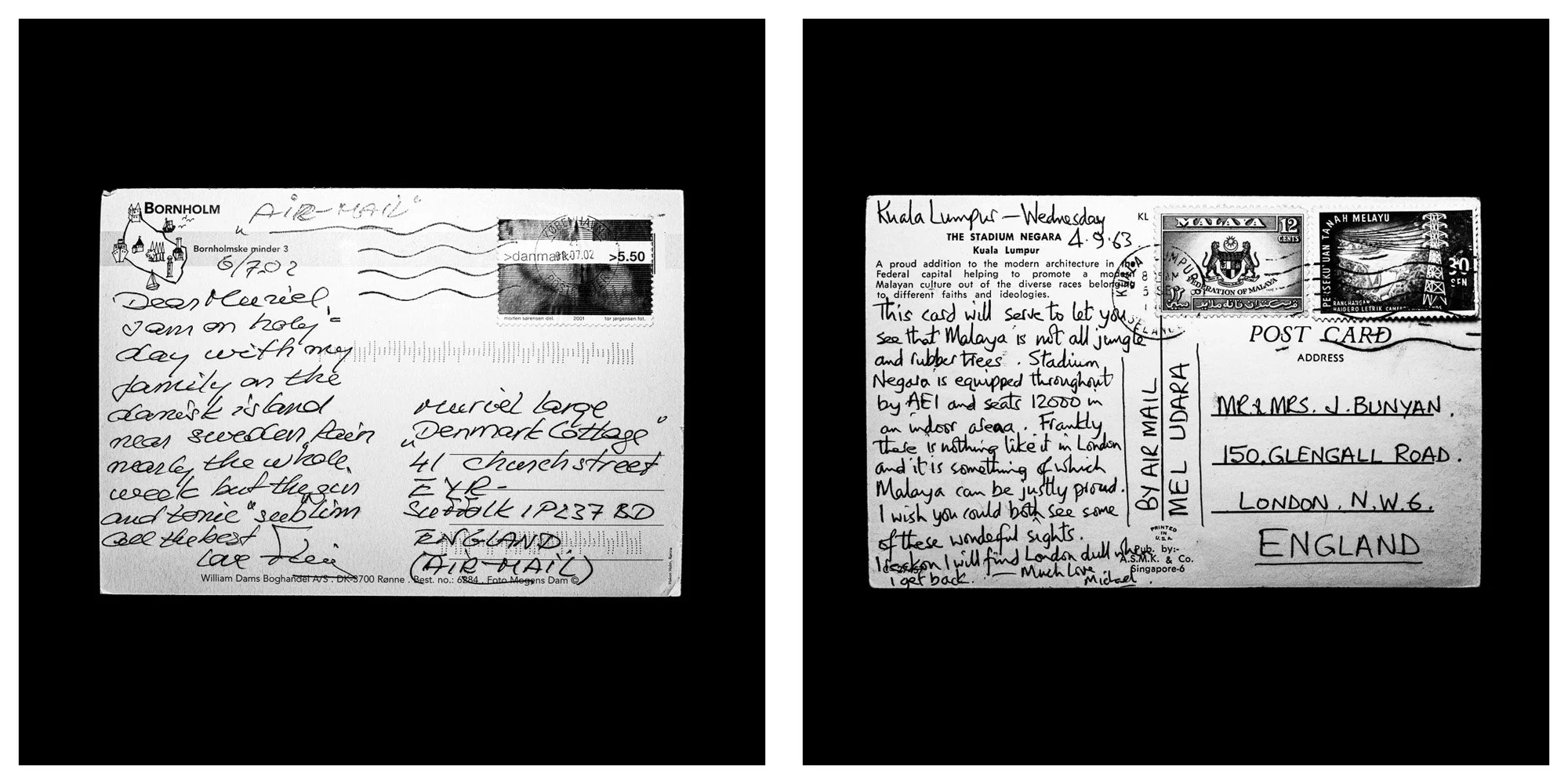 A forensic photographic capture displaying the reverse sides of two historical postcards positioned side-by-side against an absolute black space. Part of a systematic cataloging protocol, the image isolates the artifacts to treat handwriting, postal 