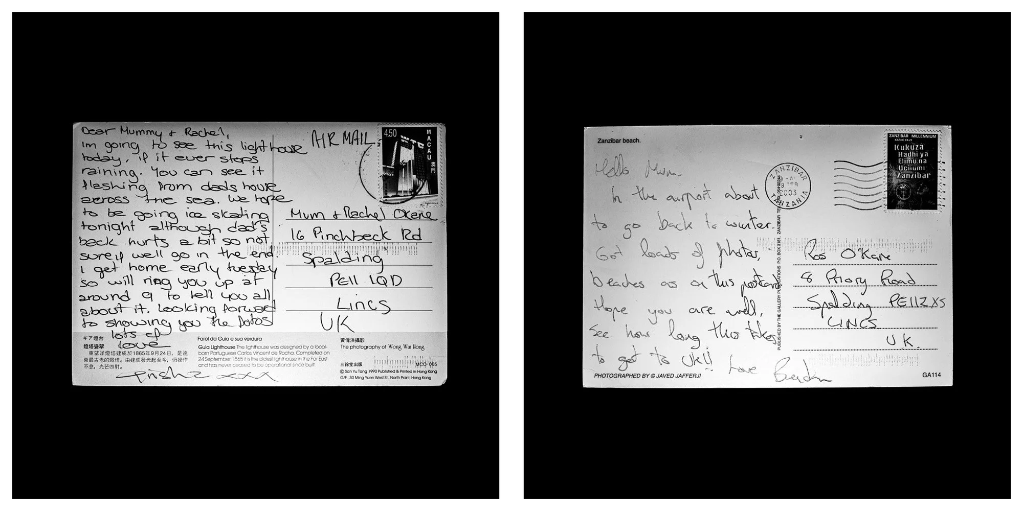 A forensic photographic capture displaying the reverse sides of two historical postcards positioned side-by-side against an absolute black space. Part of a systematic cataloging protocol, the image isolates the artifacts to treat handwriting, postal 