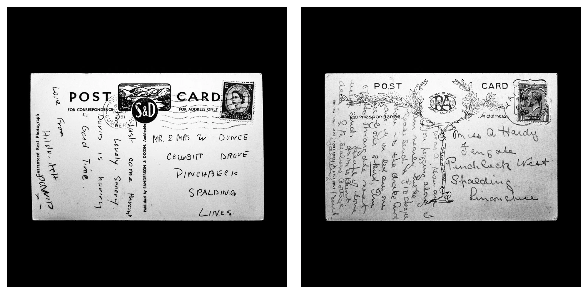 A forensic photographic capture displaying the reverse sides of two historical postcards positioned side-by-side against an absolute black space. Part of a systematic cataloging protocol, the image isolates the artifacts to treat handwriting, postal 