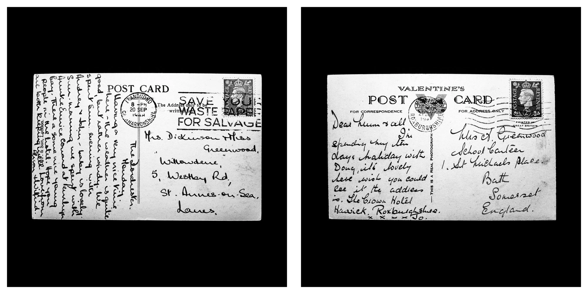 A forensic photographic capture displaying the reverse sides of two historical postcards positioned side-by-side against an absolute black space. Part of a systematic cataloging protocol, the image isolates the artifacts to treat handwriting, postal 