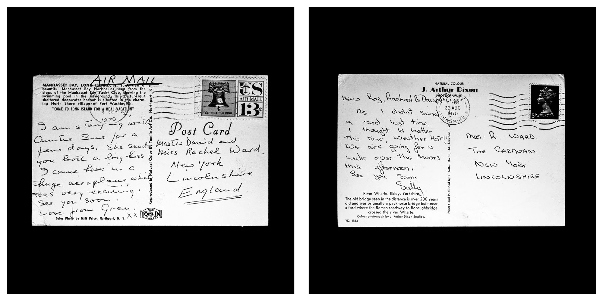 A forensic photographic capture displaying the reverse sides of two historical postcards positioned side-by-side against an absolute black space. Part of a systematic cataloging protocol, the image isolates the artifacts to treat handwriting, postal 