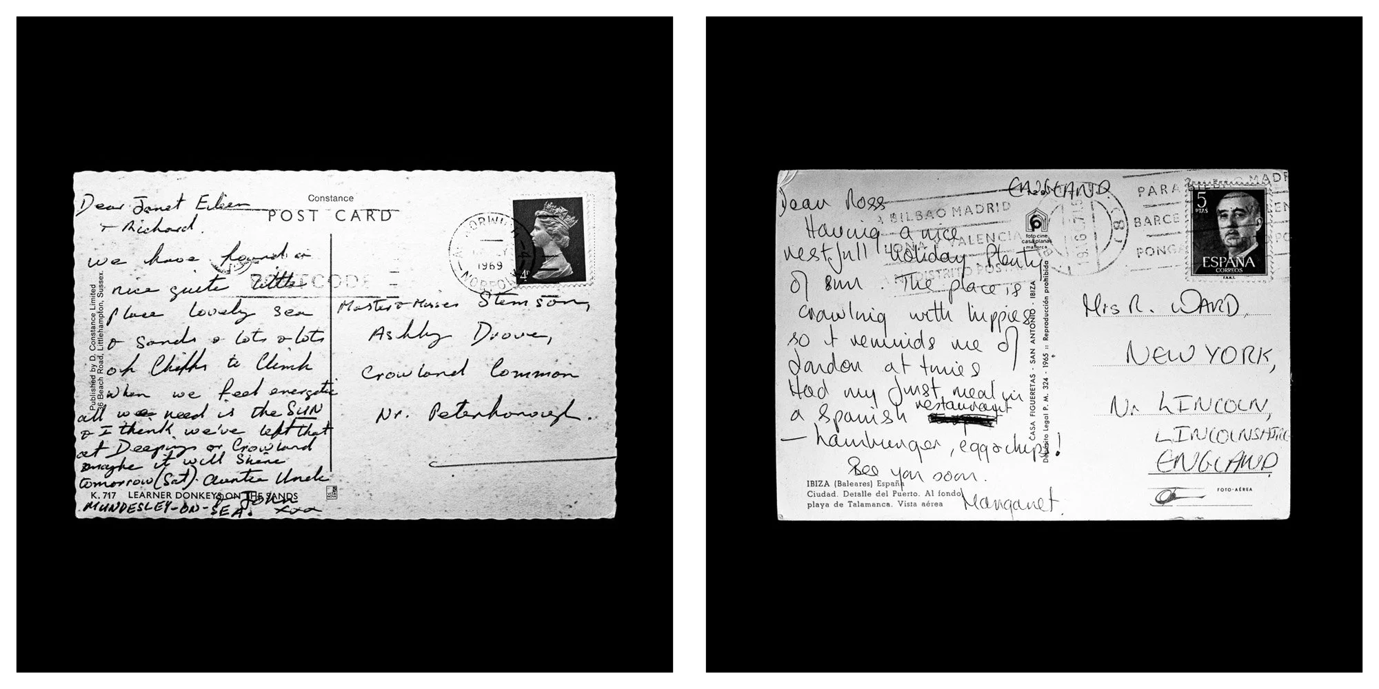 A forensic photographic capture displaying the reverse sides of two historical postcards positioned side-by-side against an absolute black space. Part of a systematic cataloging protocol, the image isolates the artifacts to treat handwriting, postal 