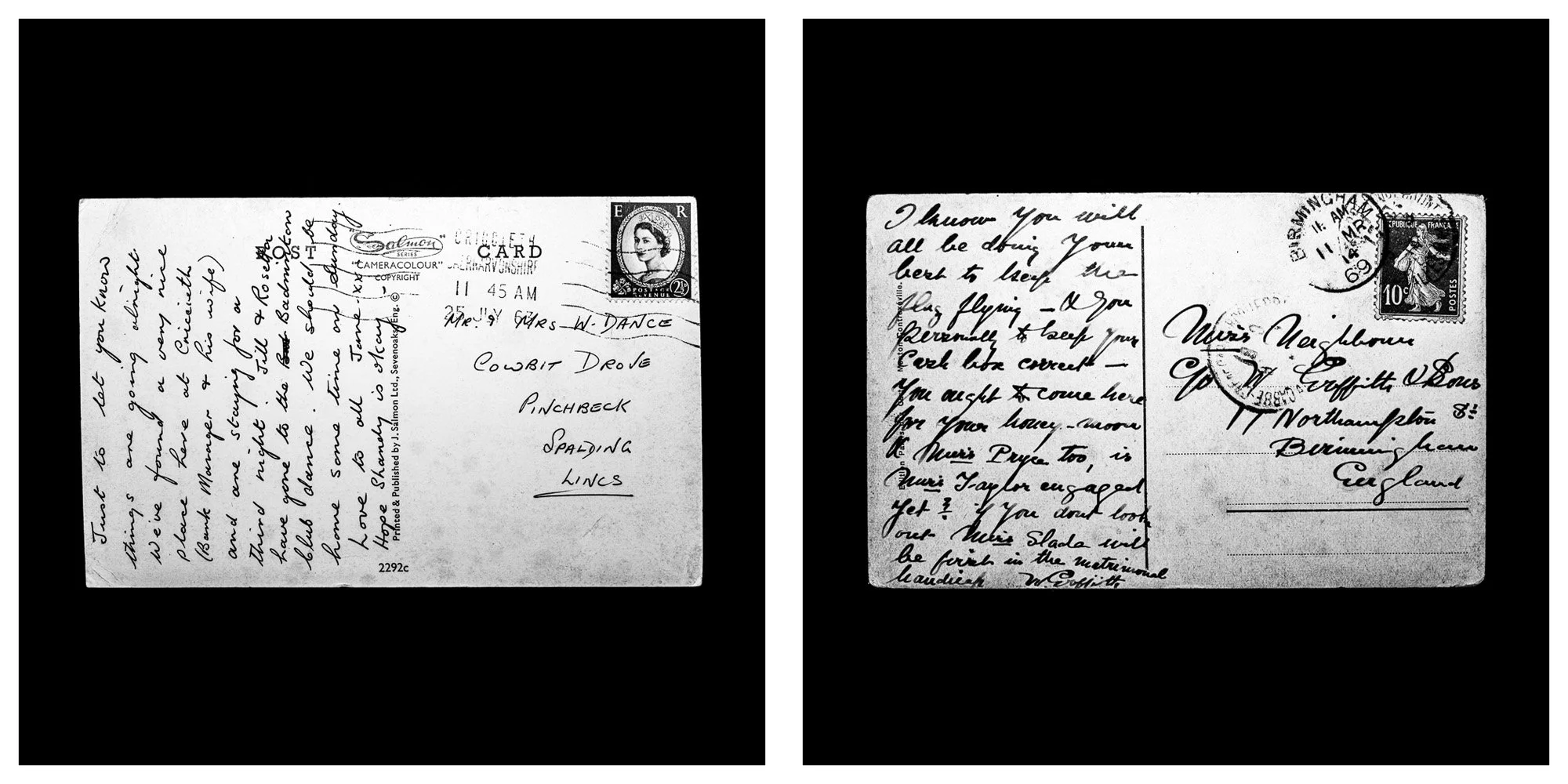 A forensic photographic capture displaying the reverse sides of two historical postcards positioned side-by-side against an absolute black space. Part of a systematic cataloging protocol, the image isolates the artifacts to treat handwriting, postal 