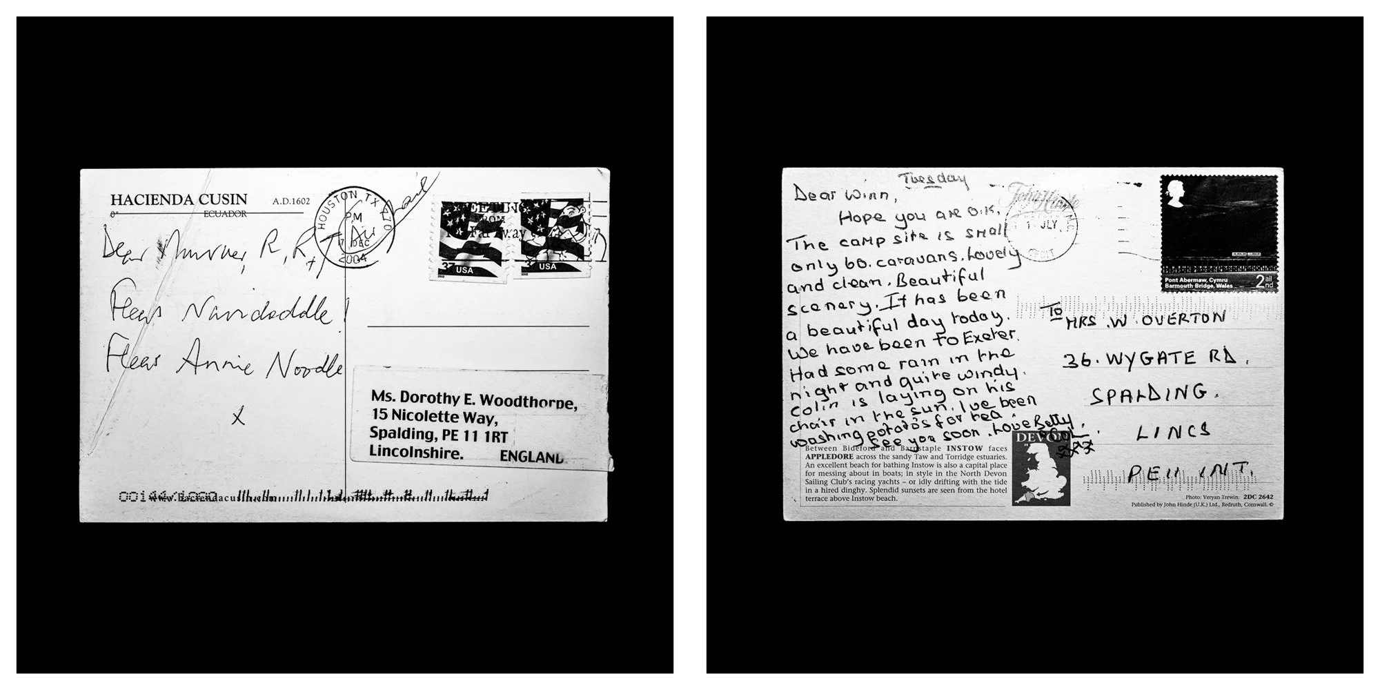 A forensic photographic capture displaying the reverse sides of two historical postcards positioned side-by-side against an absolute black space. Part of a systematic cataloging protocol, the image isolates the artifacts to treat handwriting, postal 