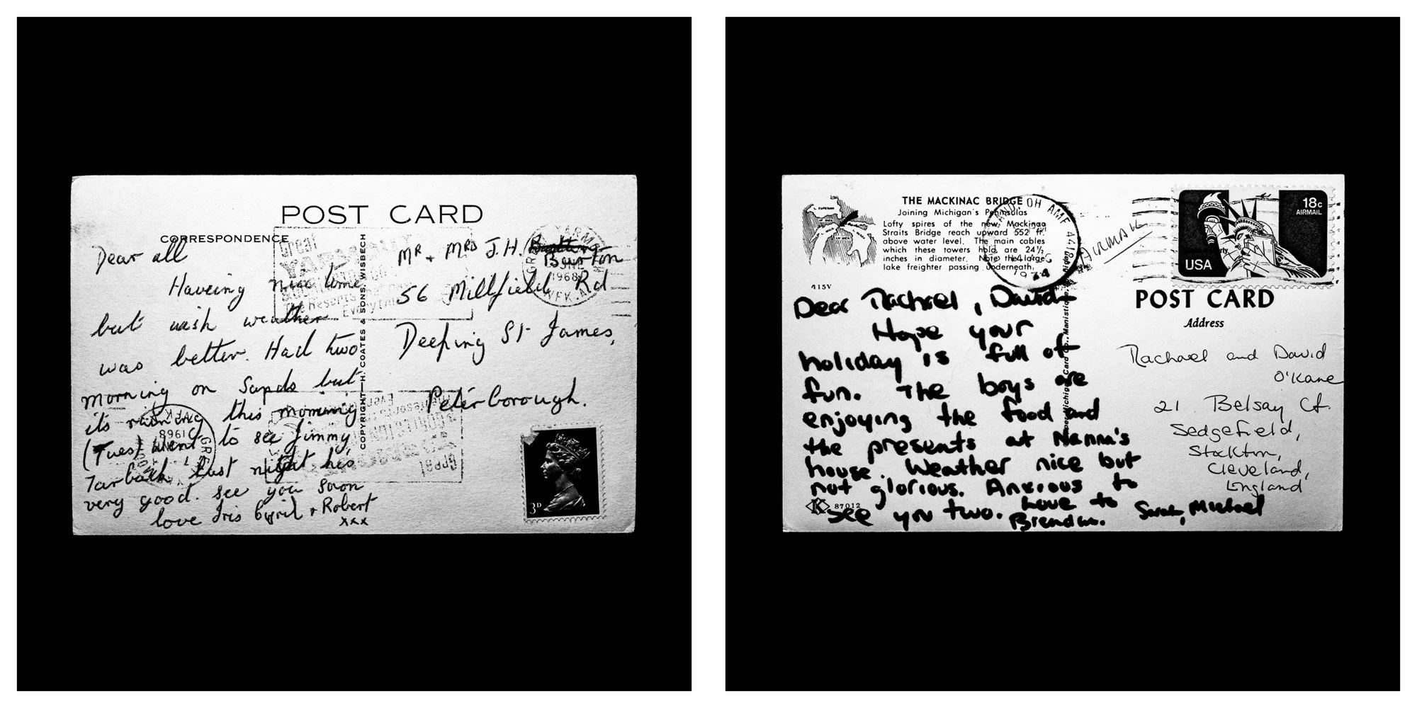 A forensic photographic capture displaying the reverse sides of two historical postcards positioned side-by-side against an absolute black space. Part of a systematic cataloging protocol, the image isolates the artifacts to treat handwriting, postal 