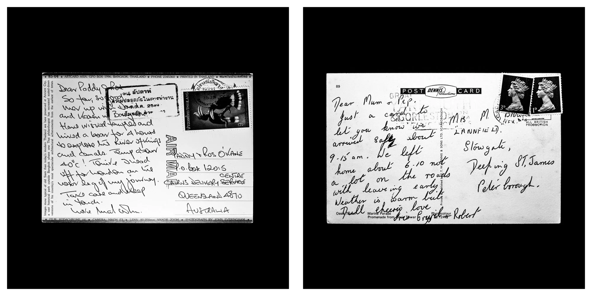 A forensic photographic capture displaying the reverse sides of two historical postcards positioned side-by-side against an absolute black space. Part of a systematic cataloging protocol, the image isolates the artifacts to treat handwriting, postal 