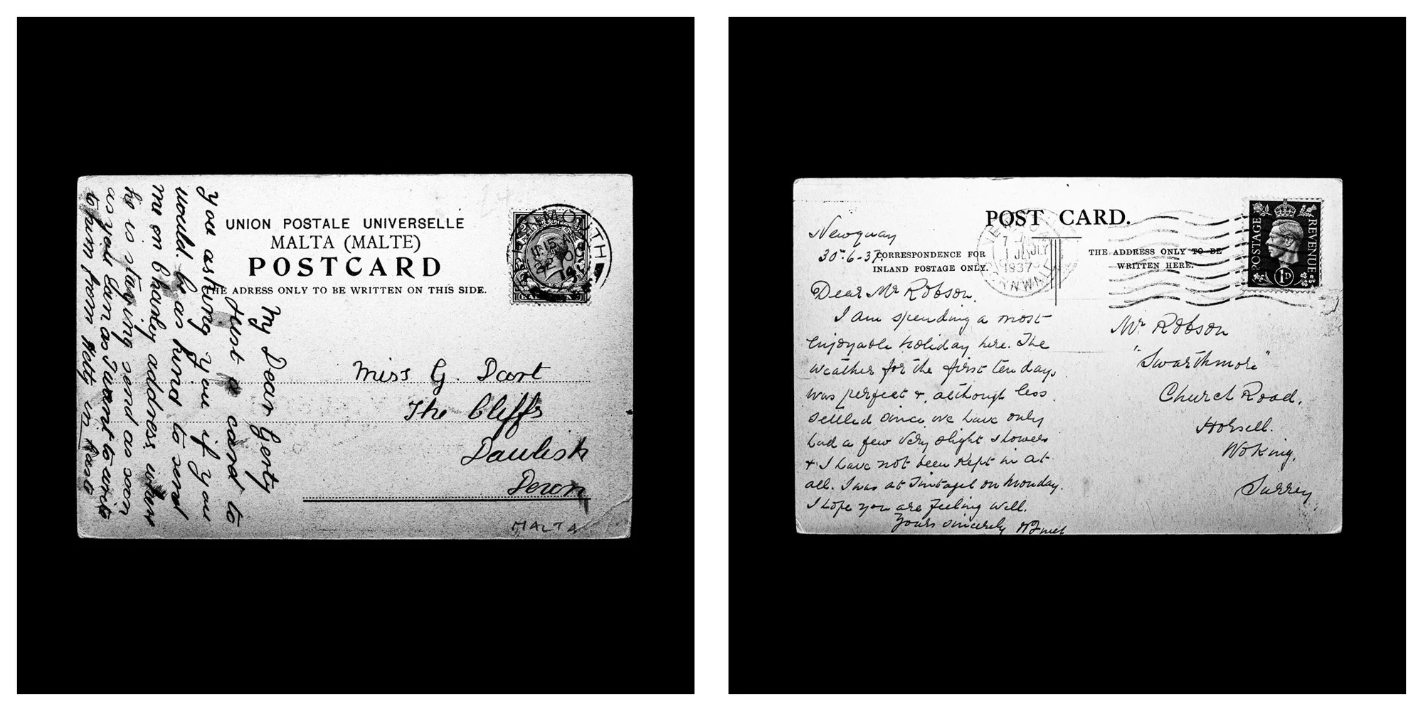 A forensic photographic capture displaying the reverse sides of two historical postcards positioned side-by-side against an absolute black space. Part of a systematic cataloging protocol, the image isolates the artifacts to treat handwriting, postal 