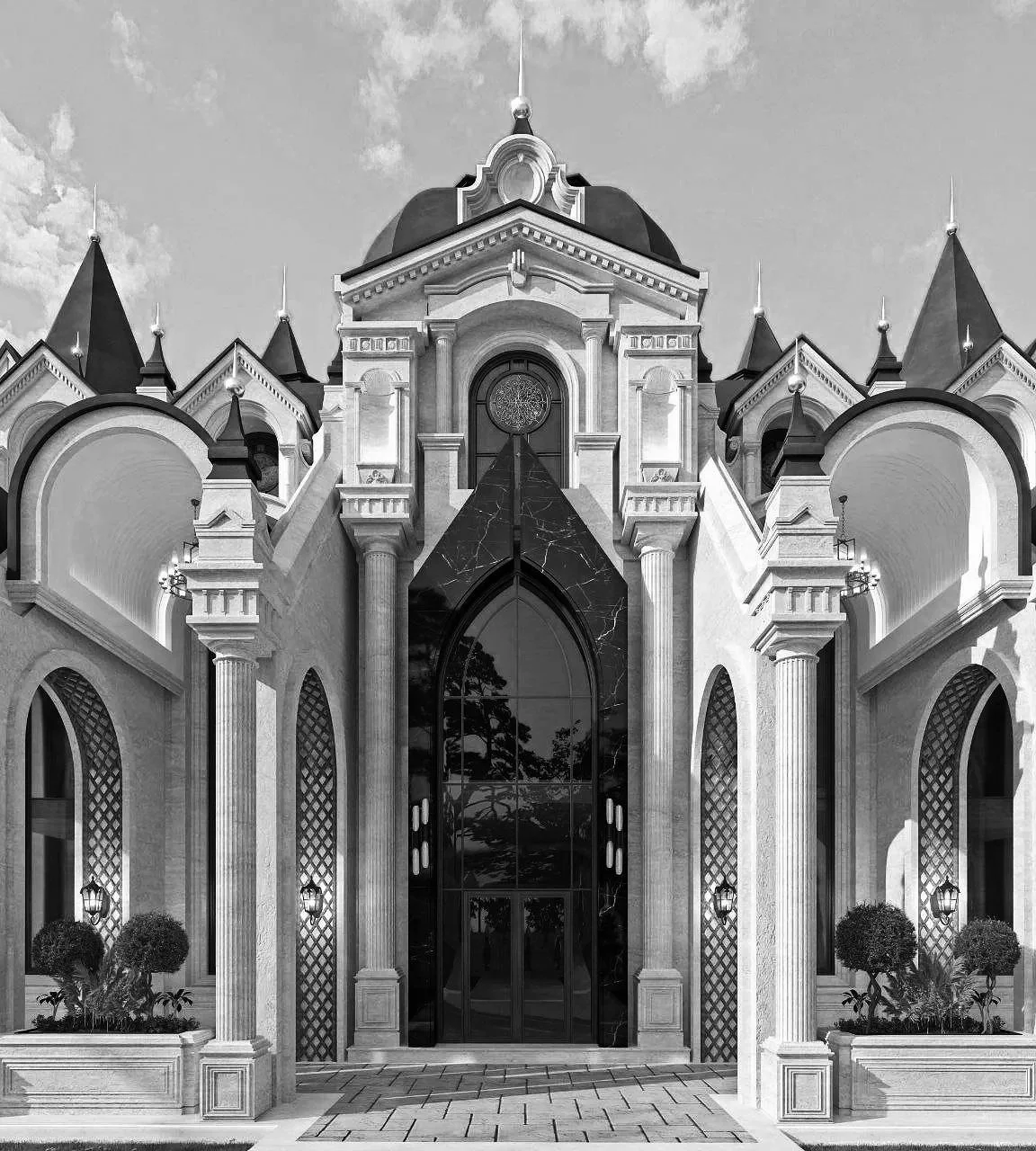A grand, ornate castle-like building with a large arched glass door, columns, and pointed spires, shown in black and white.