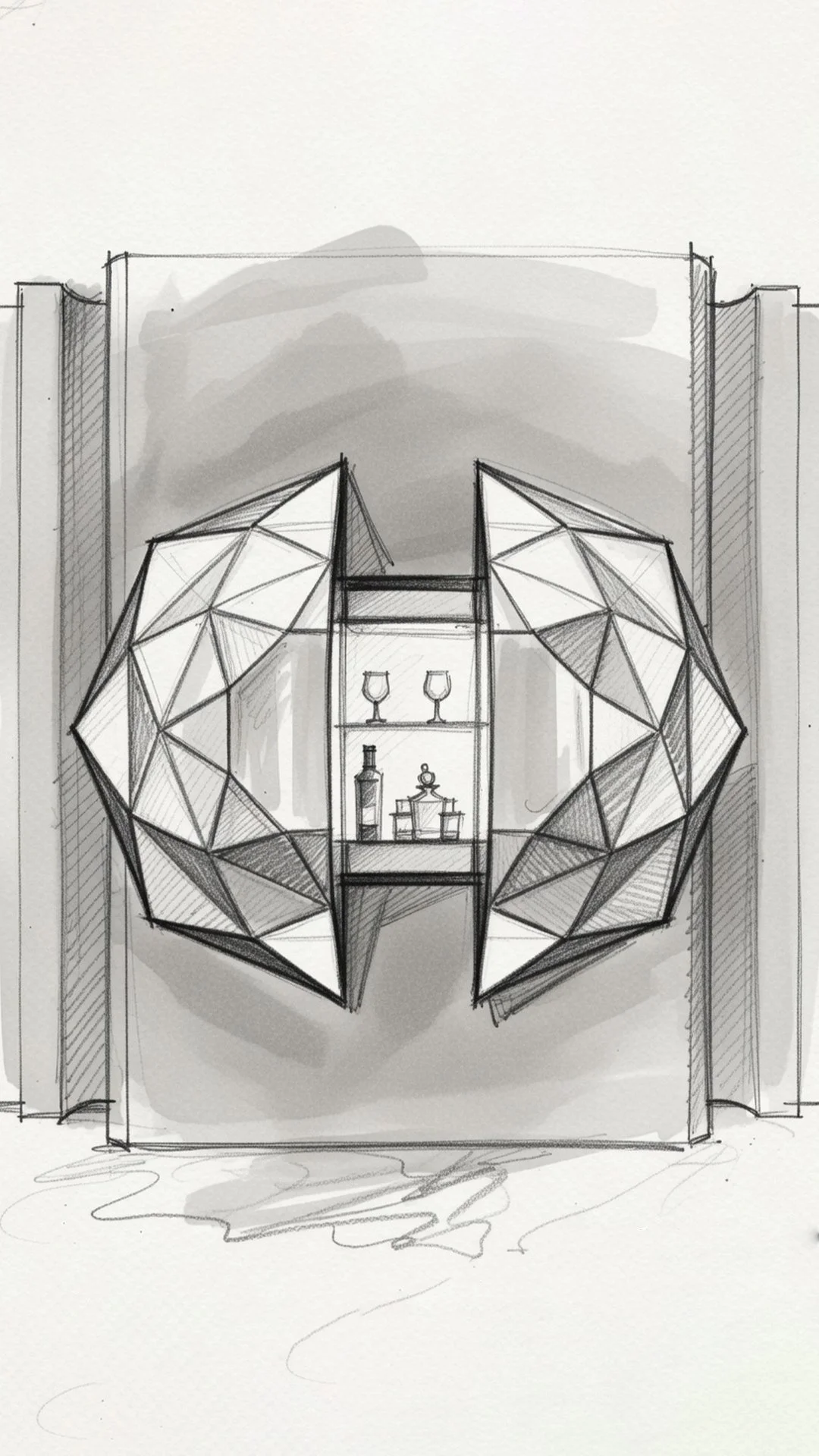 Sketch of a decorative wall unit with geometric design, containing shelves with glassware and bottles.