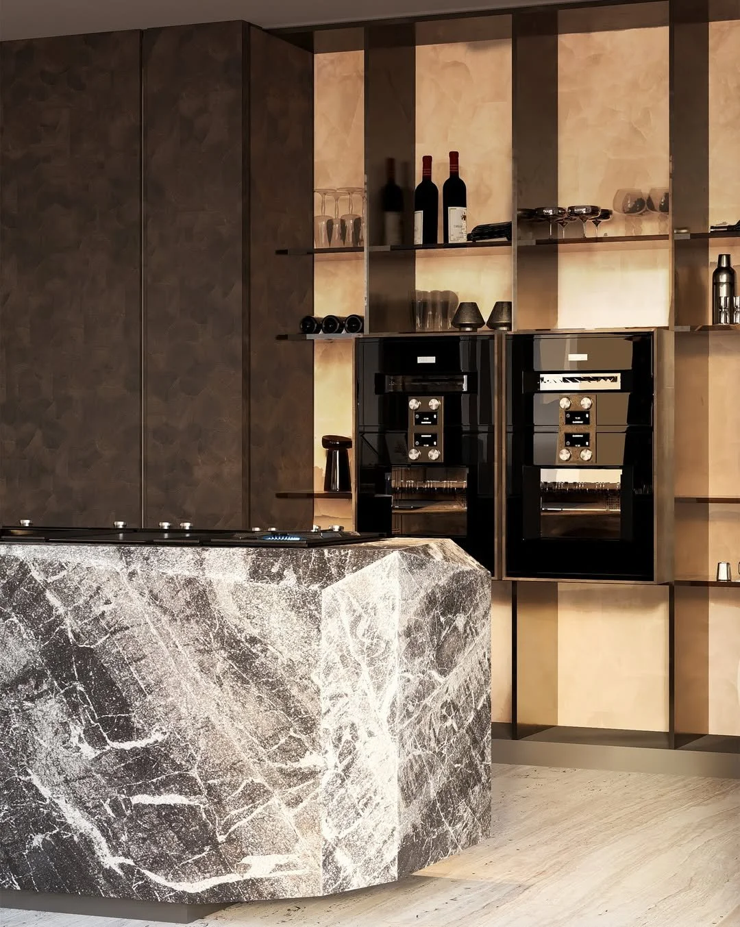 Modern kitchen with a marble island, dark wooden cabinets, open shelves with wine bottles, glasses, and decorative items, and built-in black appliances.