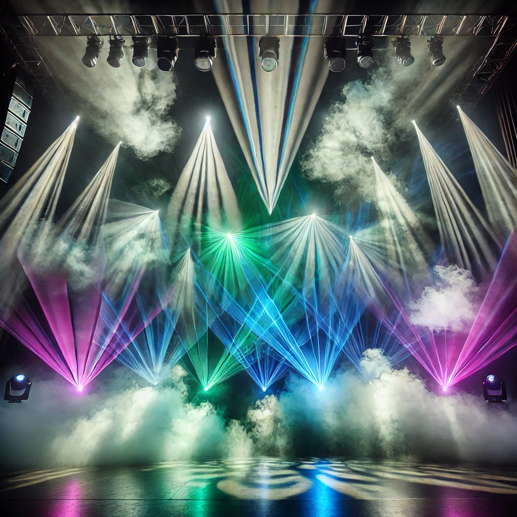 Colorful stage lighting with laser beams, smoke effects, and fog at a concert or event