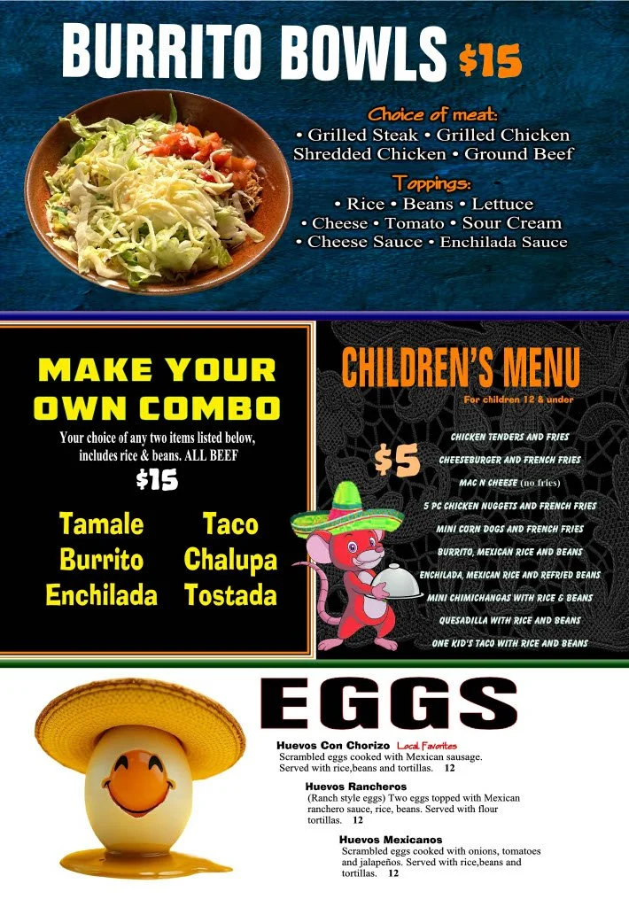A menu board with options for burrito bowls, child menus, and eggs. The burrito bowls are priced at $15 and include choices of meat with various toppings. The children's menu offers meal options priced at $5, with items like chicken tenders, cheesebu